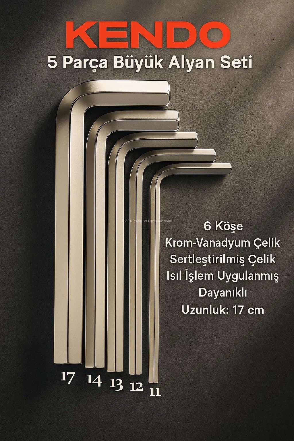 Kendo 5 Parça Büyük Alyan Seti, Krom-Vanadyum Çelik, Alyan Anahtar Takımı, Sertleştirilmiş Çelik, Isıl İşlem Uygulanmış, Dayanıklı, Tamirat Aleti, Kavisli ve Estetik Tasarım