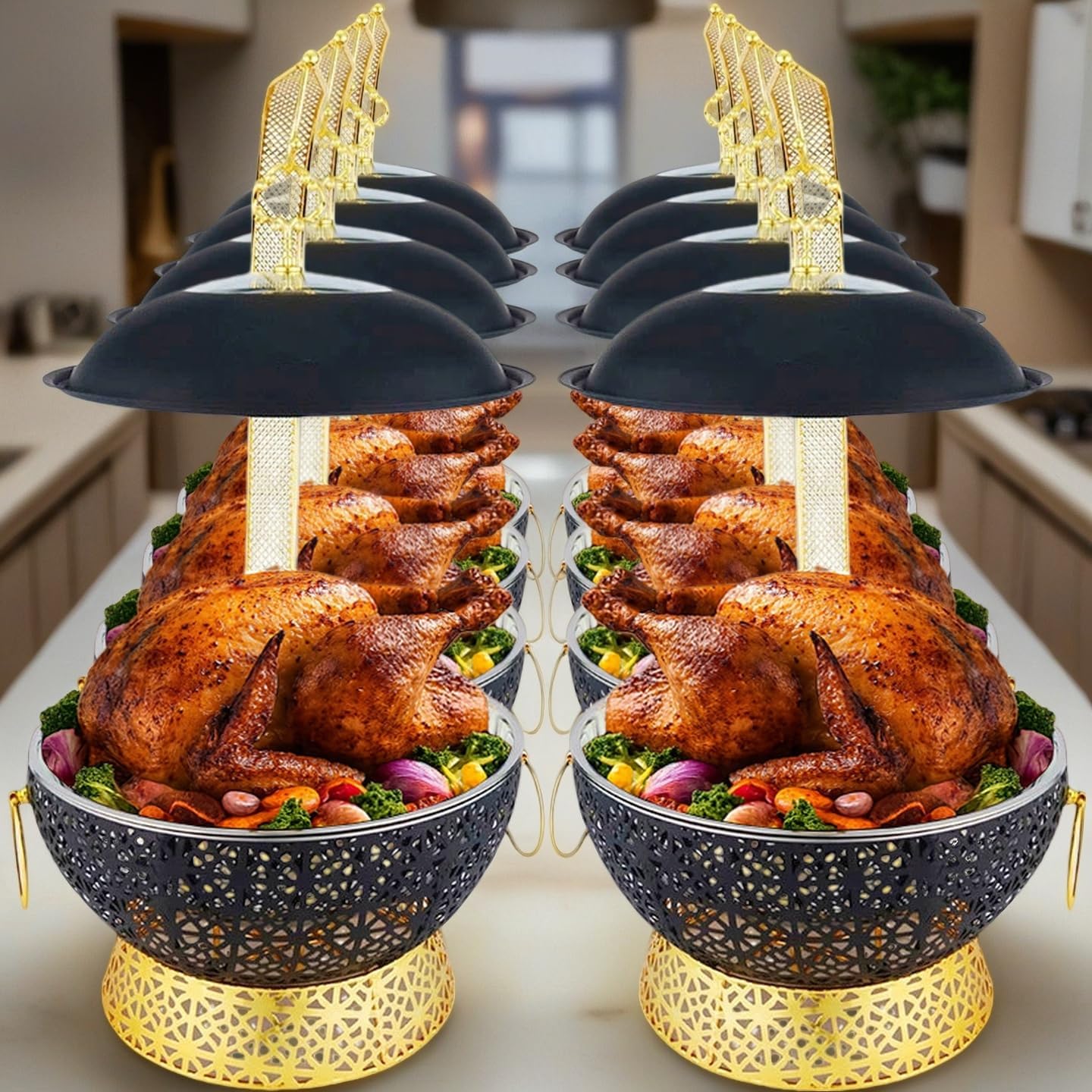 Black Chafing Dishes for Buffet,8Qt Luxury Chafing Dishes with Hanging,Elegant Hollow-Out Buffet Warmer for Weddings, Parties, Catering & Events,4 Packs
