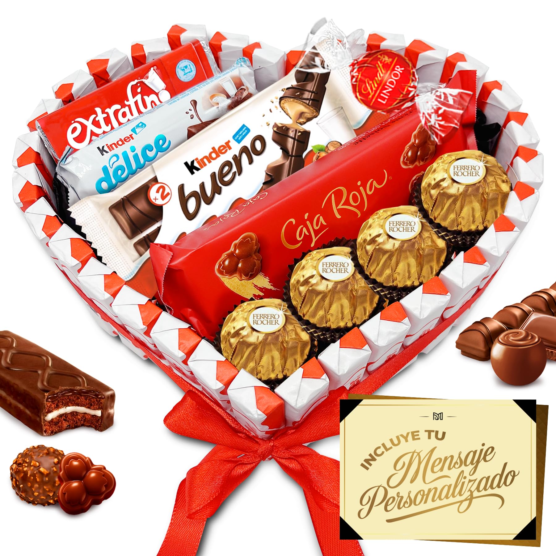 Cœur Surprise Cadeau Saint-Valentin avec +40 Chocolats et Pralines – Ferrero Rocher, Lindt Lindor, Caja Roja, Kinder – Carte Personnalisée et Présentation Spéciale