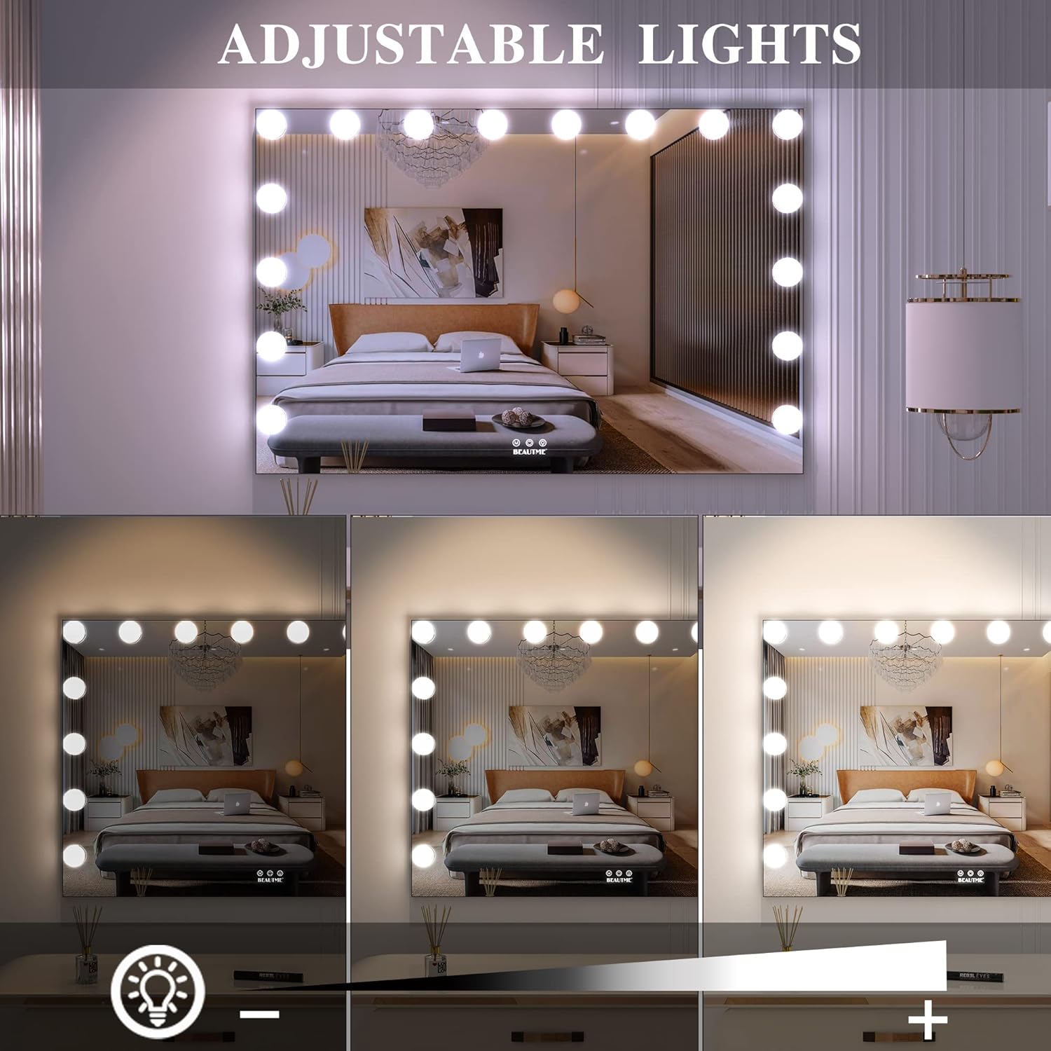 BEAUTME Large Vanity Mirror with Lights, 35.9''×24.3'' Hollywood Makeup Mirror with 16 Dimming LED Bulbs, 3 Lighting Modes, Touch Control, Tabletop or Wall Mounted, Black