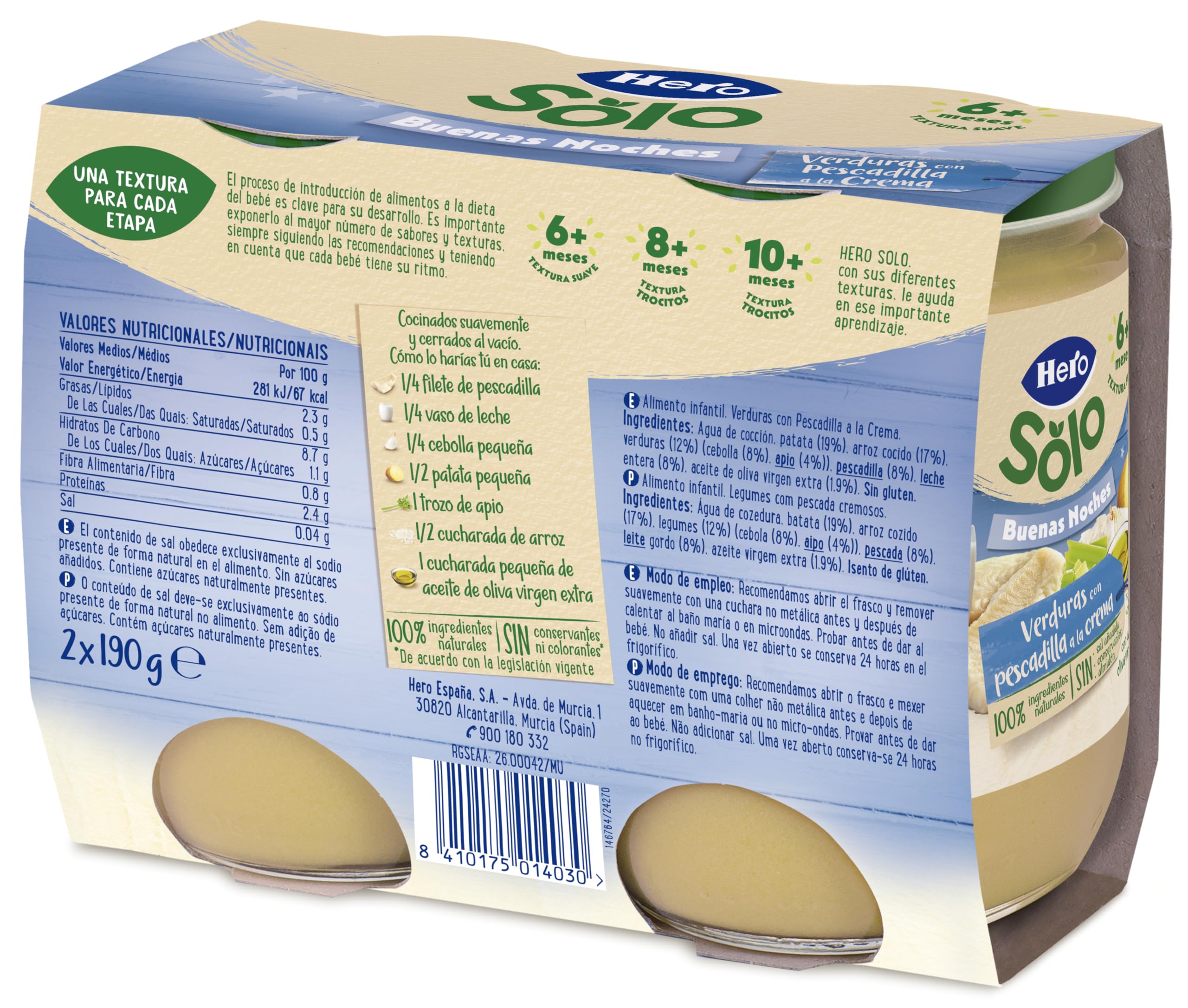 Hero Baby Tarritos Infantiles Buenas Noches Verduritas con Pescadilla a la Crema 190g Paquete de 12