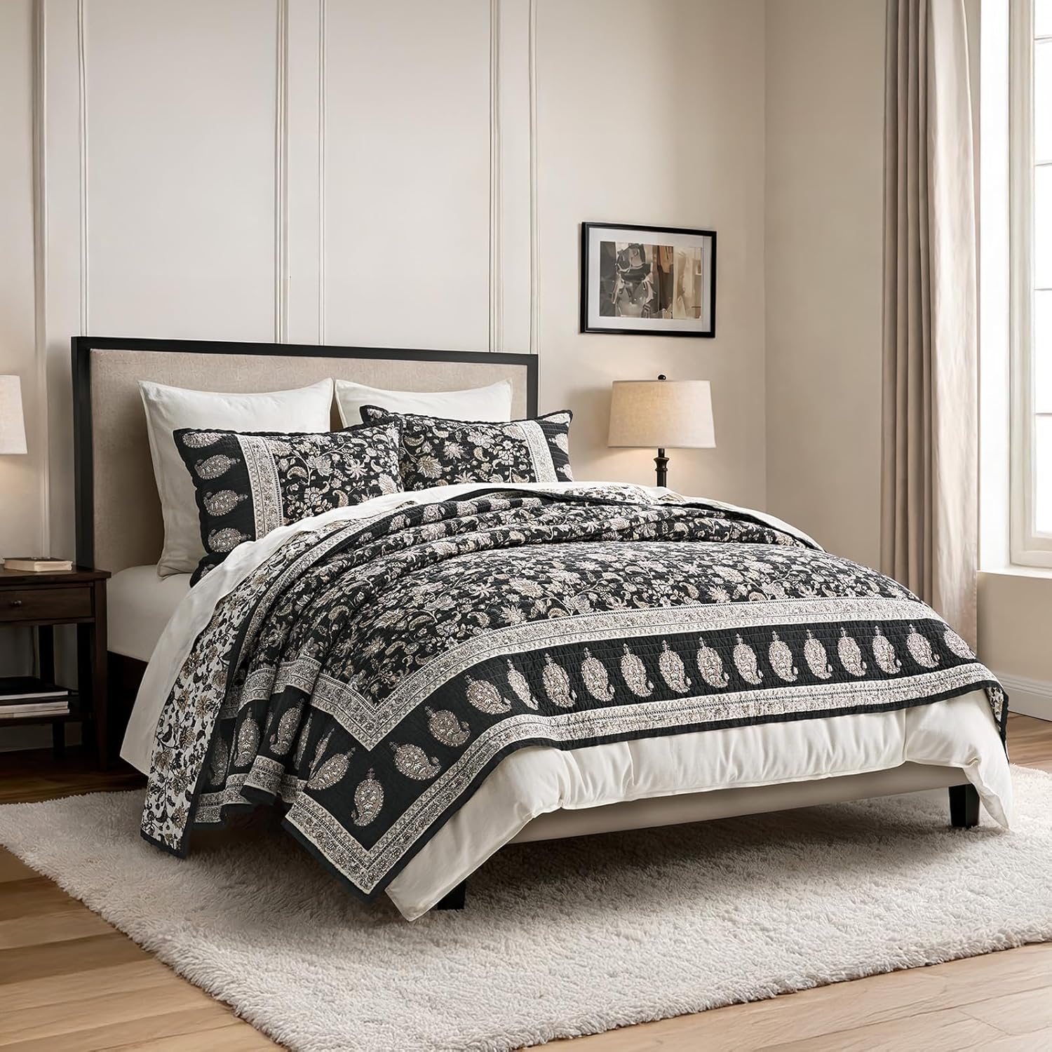 EverGrace Cotton Quilt Set King Size, 100% Cotton Reversible Lightweight Bedspread Coverlet, Vintage Floral Farmhouse Bedding, Traditional Botanical Quilt with 2 Pillow Shams, Ebony Taupe 108"×96" | Vintage Floral, 100% Cotton, Soft, Oeko-Tex Certified, Oversized, Reversible