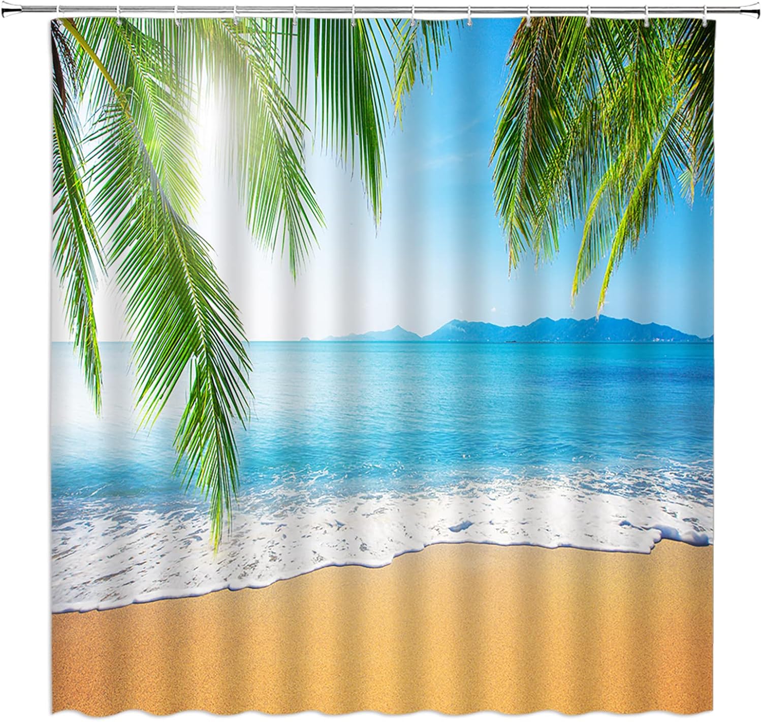 Beach Palm Leaves Shower Curtain Tropical Ocean Coastal Green Leaves Natural Scenery Peaceful Hawaii Seaside Summer Sea Fabric Bathroom Decor with Hooks（84" Wx70 H）