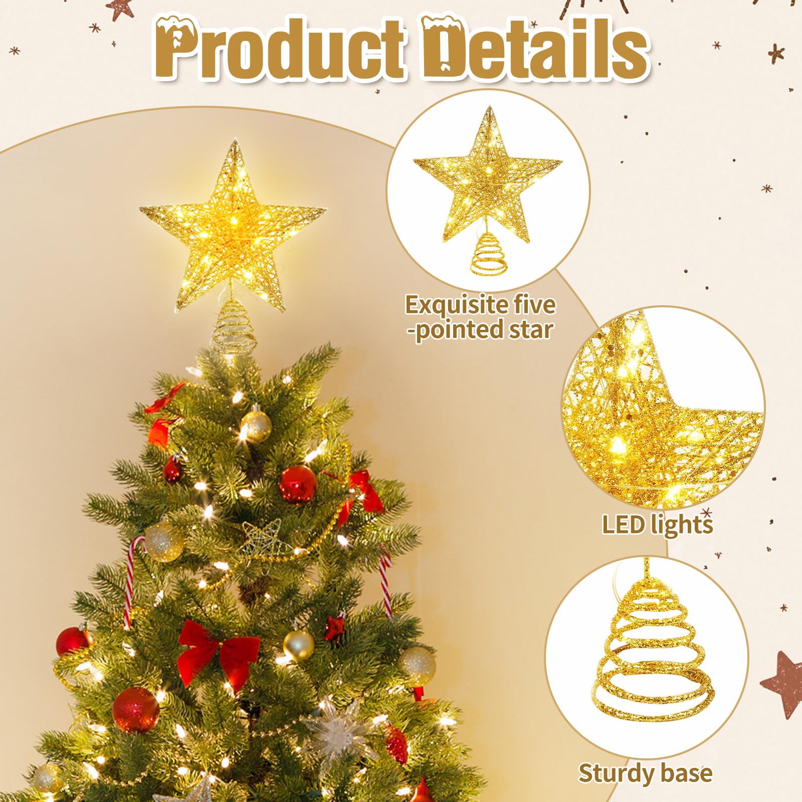 Étoile Sapin De Noël Lumineuse 20 LED Jaune Chaud - Cimier Arbre De Noël Métal Vintage Pour Décoration Intérieure Et Fêtes