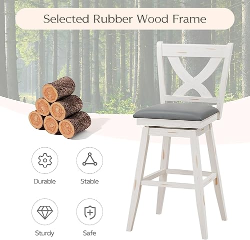 Miniatura 7 de Juego de 2 taburetes de bar, sillas de bar giratorias de 360 grados con respaldo en X, taburete de bar con patas de madera para bar, isla de cocina,