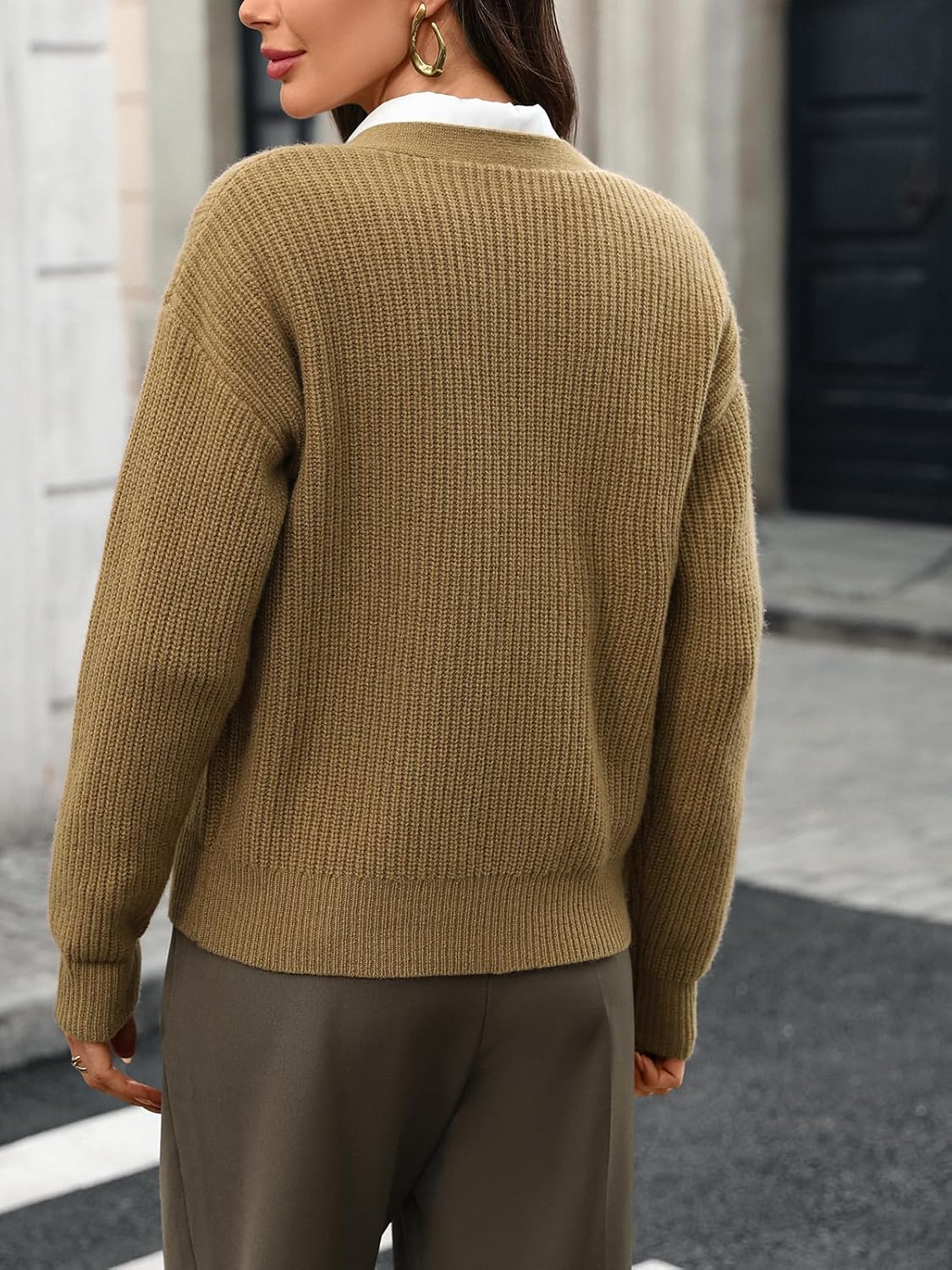 Women's 100% Wool Sweater V Neck Button Down Ribbed Cozy Knit Cropped Cardigan for Office Casual Outfits - Image 5