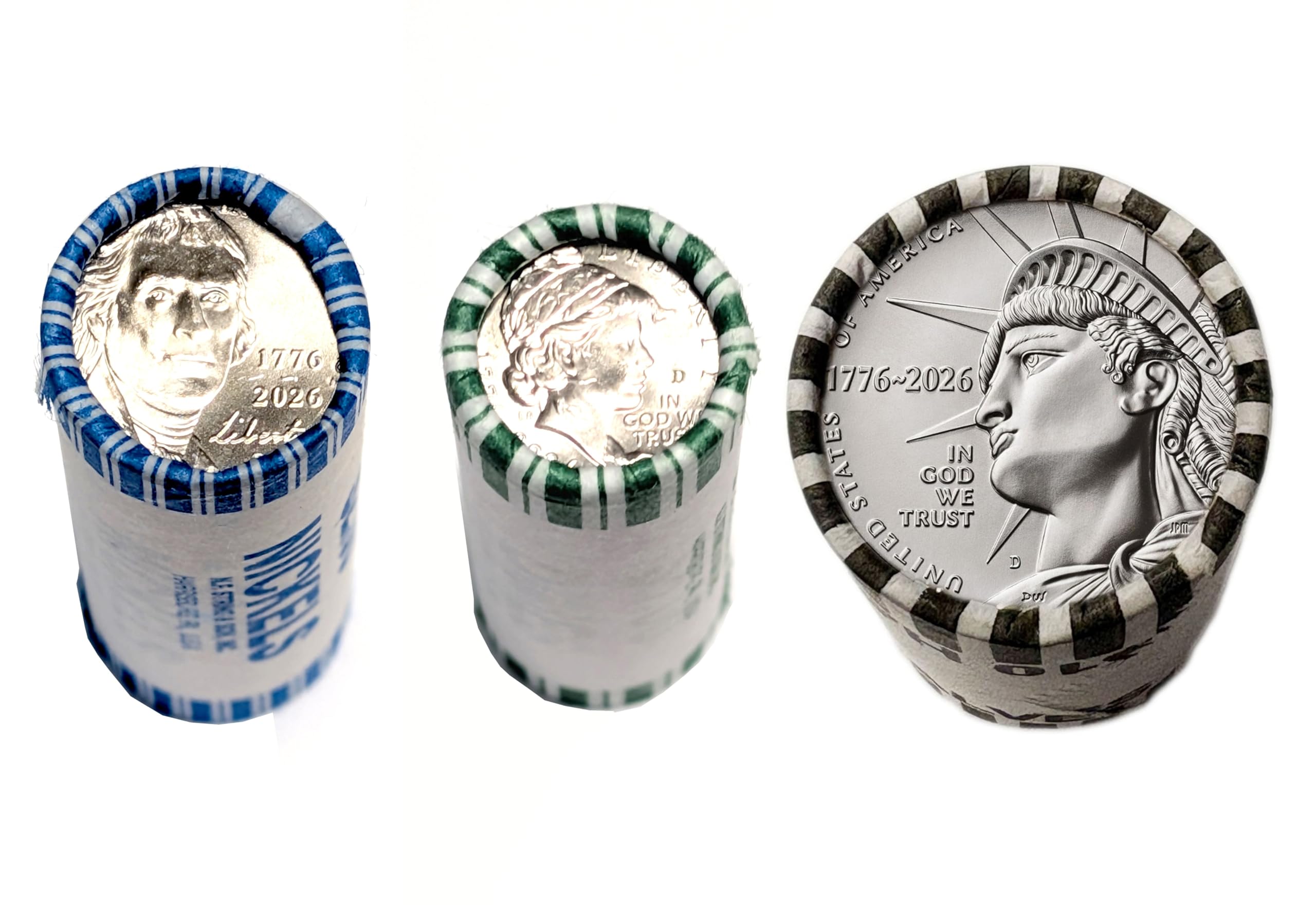 2026 D Mint 3 Roll Set - Nickel, Dime, and Half Dollar - 1776-2026 Dual Date Semiquincentennial Coinage Denver (D) Mint Uncirculated