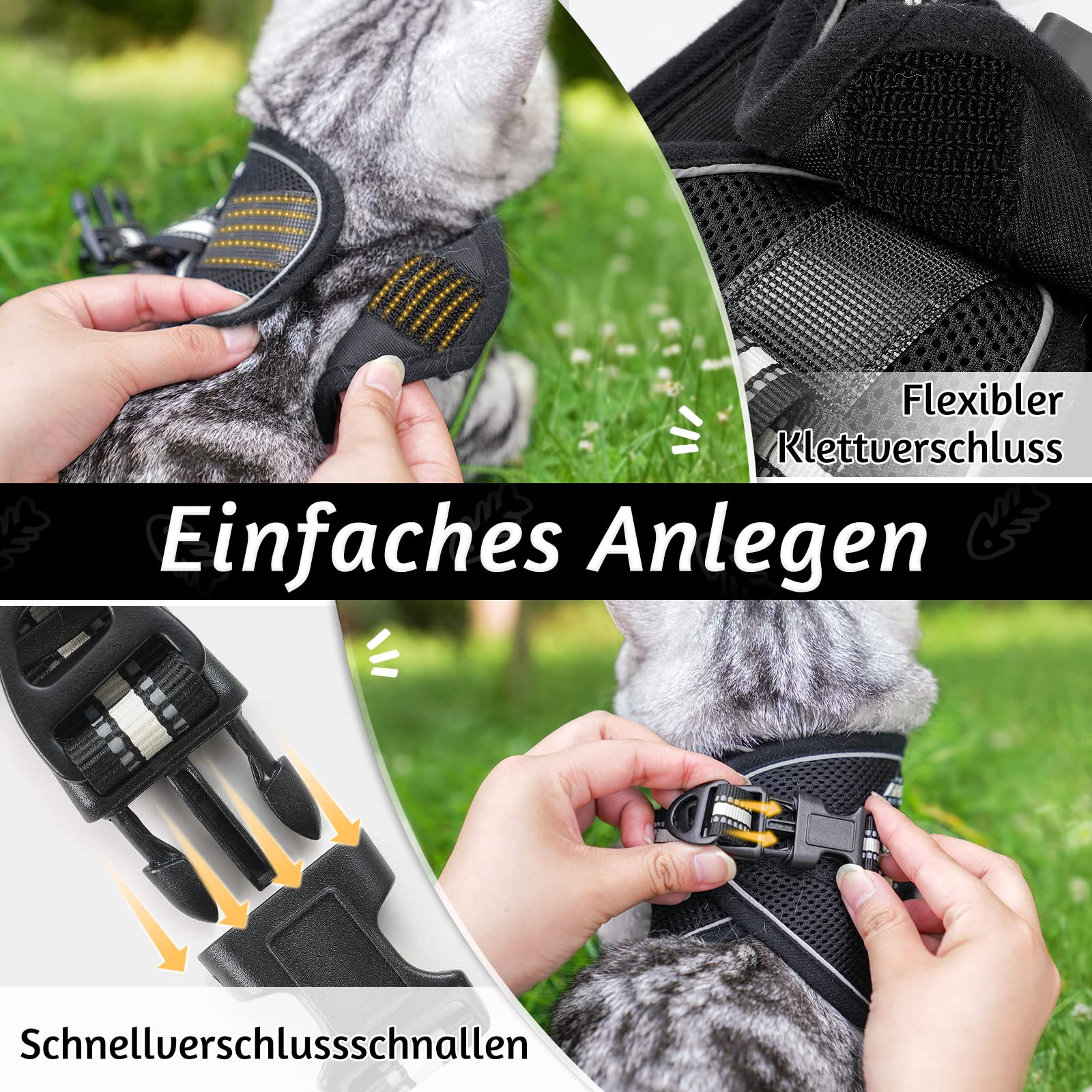 rabbitgoo Katzengeschirr mit Leine Ausbruchsicher, Katzenleine mit Geschirr, Katzengeschirr Kitten Verstellbar Weich Kätzchenweste mit Reflektierenden Streifen für Extra Kleine Katzen, Schwarz S