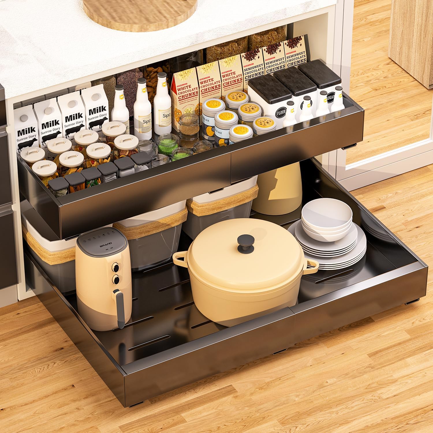 Expandable Pull Out Cabinet Organizer Heavy Duty Slide Out Drawers Fixed with Adhesive Nano Film (Black, 16.92'' - 27.1'' X 16.5'') 16.9'' - 27.1'' x 16.5'' - Large Black ( 1 Pc )