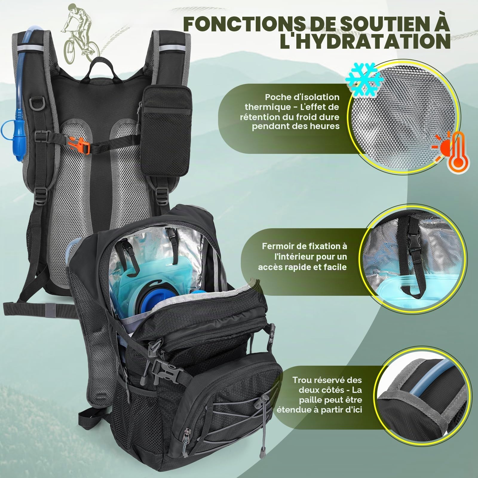 RAINSMORE Sac à Dos D'hydratation avec Vessie d'eau de 2L Sac à Dos Randonnée Moto Sport 18L Homme Femme Léger Isolé avec Housse de Pluie pour Course à Pied Cyclisme l'escalade Trail Running