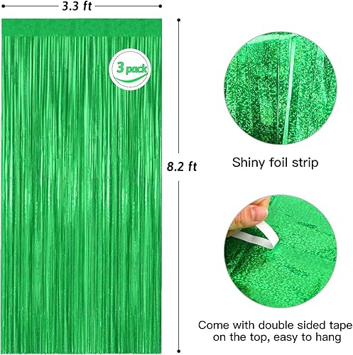 Miniatura 2 de Fannev Cortina de flecos de papel de aluminio verde láser, paquete de 3 cortinas de lluvia de oropel metálico de 3.3 x 8.2 pies, para decoración del