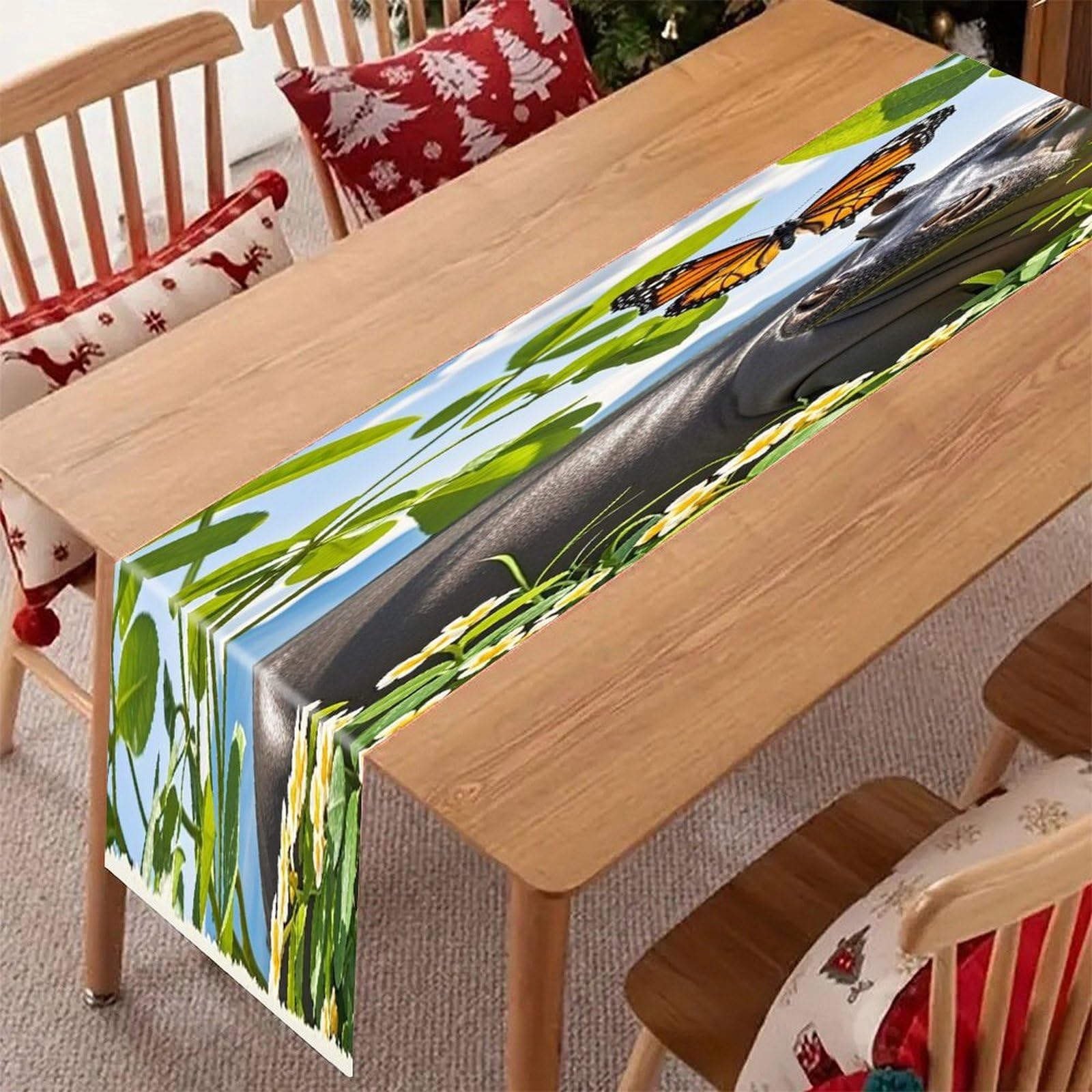 Butterfly and Hippo Table Runner Modern Art Farmhouse Linen Table Runner Dresser Scarf Seasonal Kitchen Dining Table Decoration Dresser Scarves for Home Party Decor 13x70 Inch