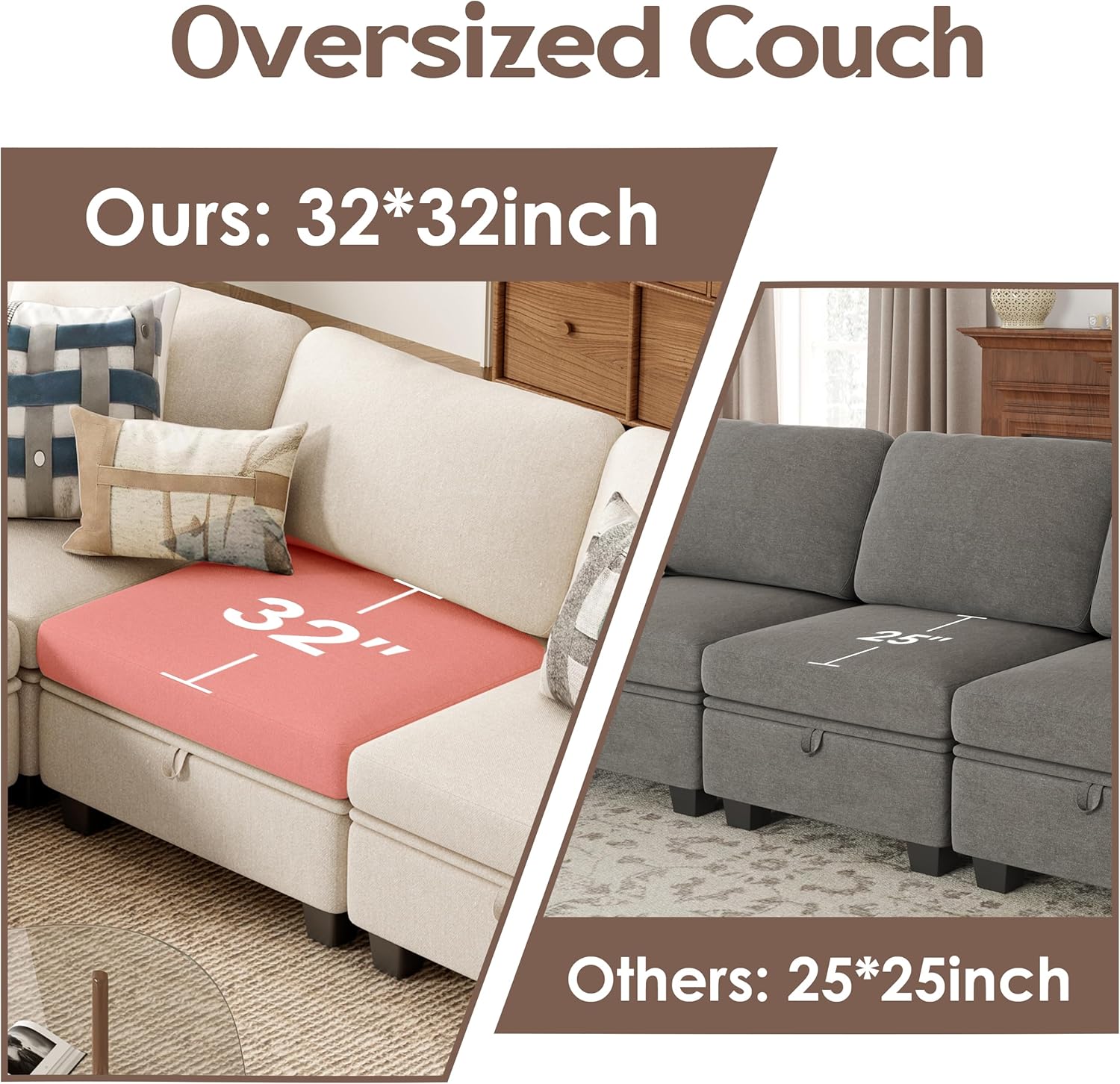 Comparison of oversized couch seat depth with a standard couch