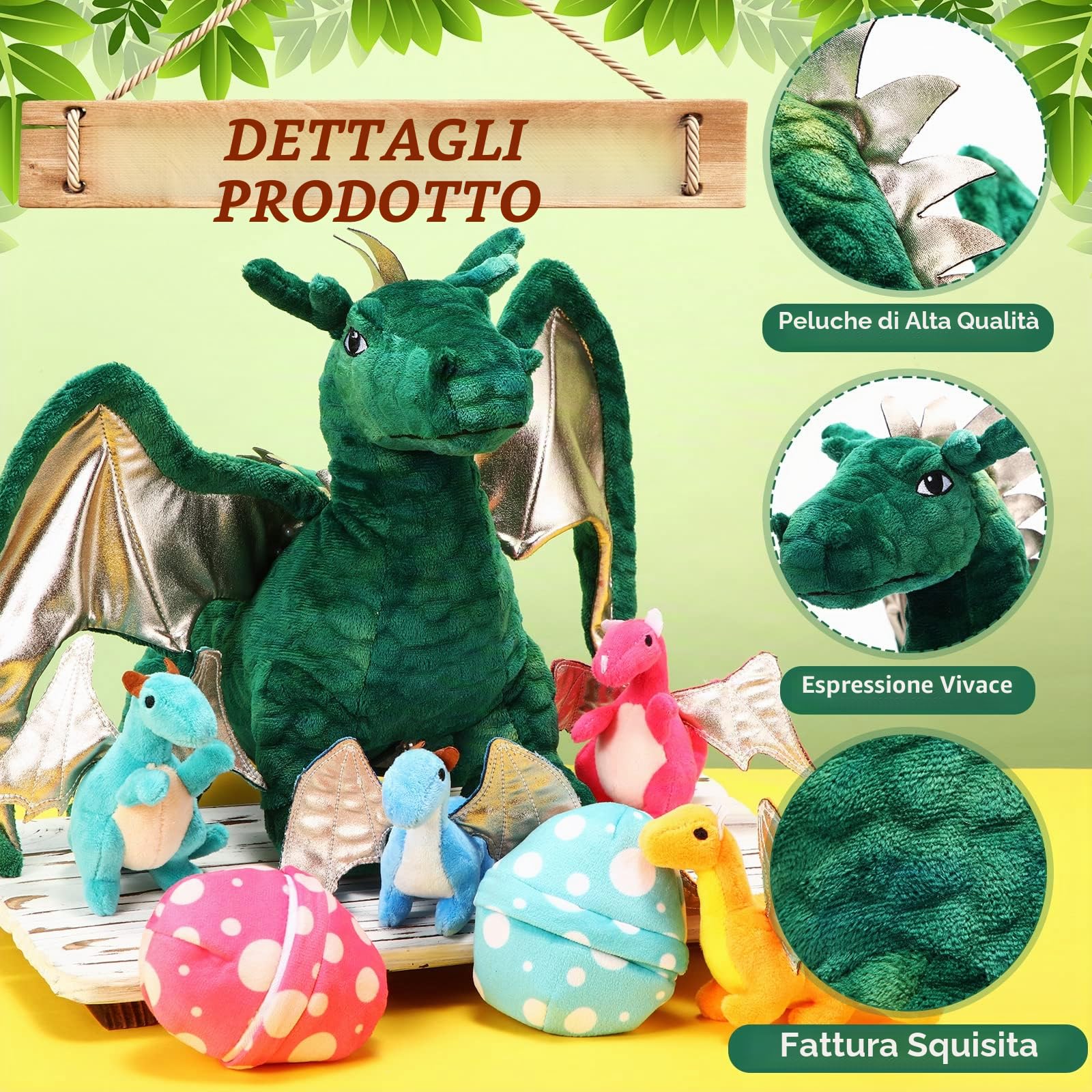 7 Pezzi di Giocattoli Drago Animale di Peluche Drago Grande 40 cm con 4 Graziosi Cuccioli di Drago di Peluche e 2 Uova nella Pancia di Mamma Drago Regali di Compleanno per Adolescenti(Stile Carino)