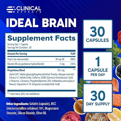 Miniatura 6 de Efectos clínicos: Ideal Brain - Suplemento dietético para el enfoque nootrópico y soporte de memoria, 30 cápsulas - Vitaminas B, GABA, Alpha-GPC -