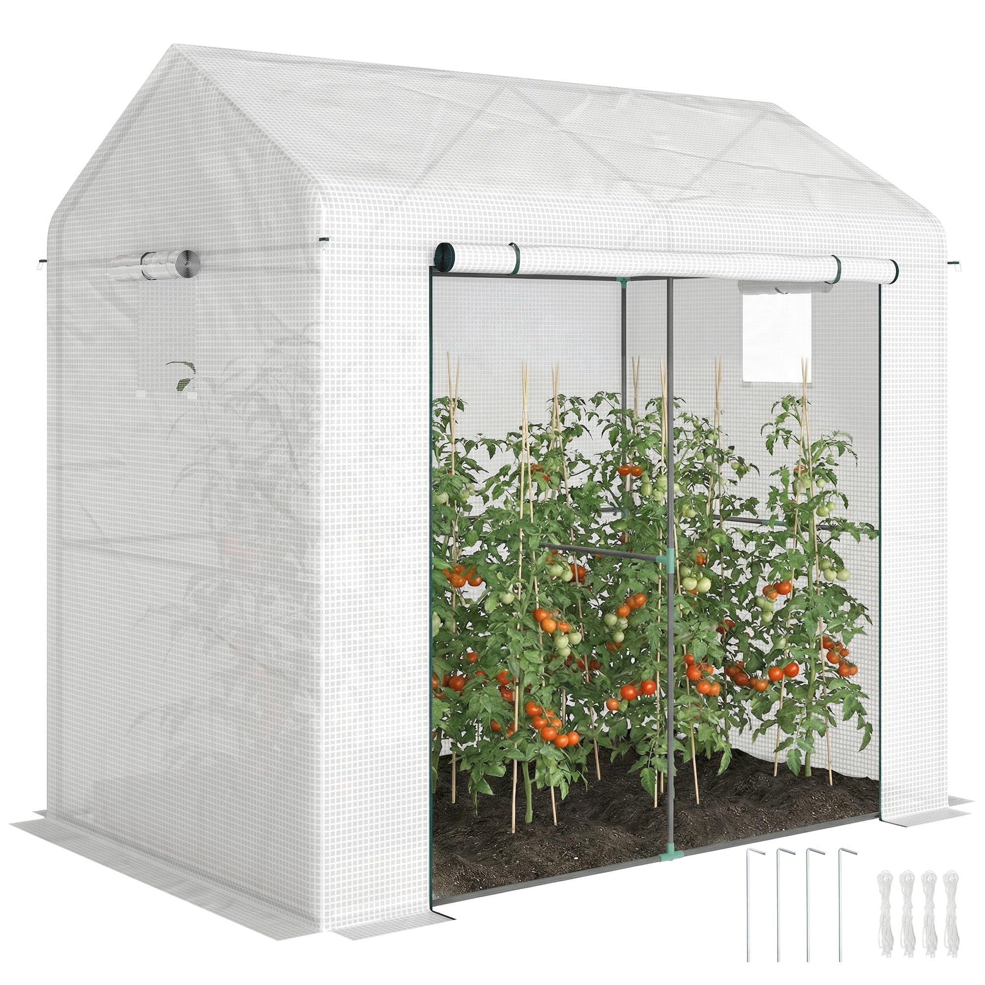 Outsunny Walk-in Greenhouse, Outdoor Tomato Greenhouse, Green House for Garden, Grow House with Roll-up Door and Mesh Windows, PE Cover, 200 x 140 x 200cm, White