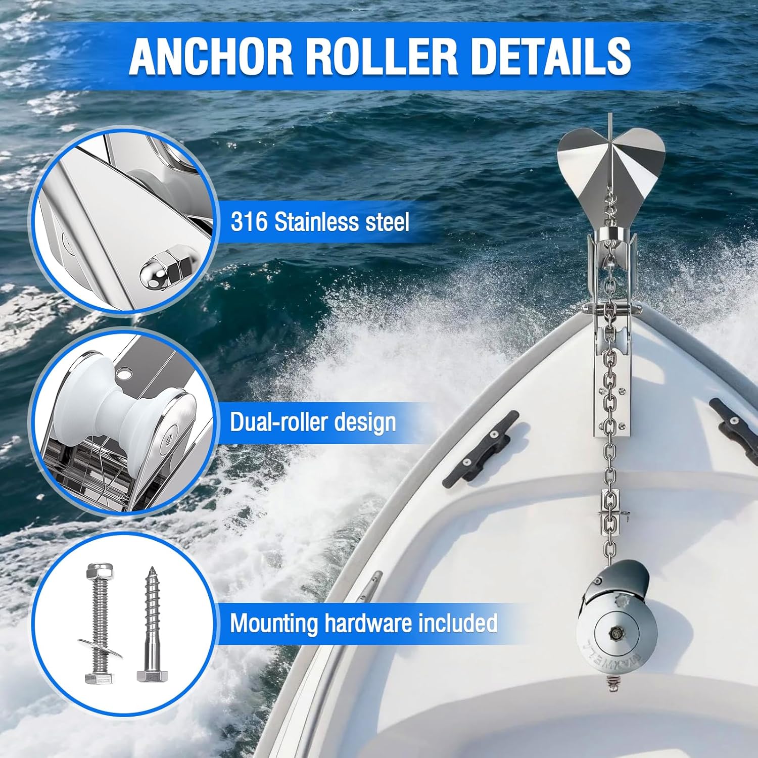Bow Anchor Roller with Anchor Lock Marine Grade 316 Stainless Steel Hinged Self-Launching Double Bow Roller