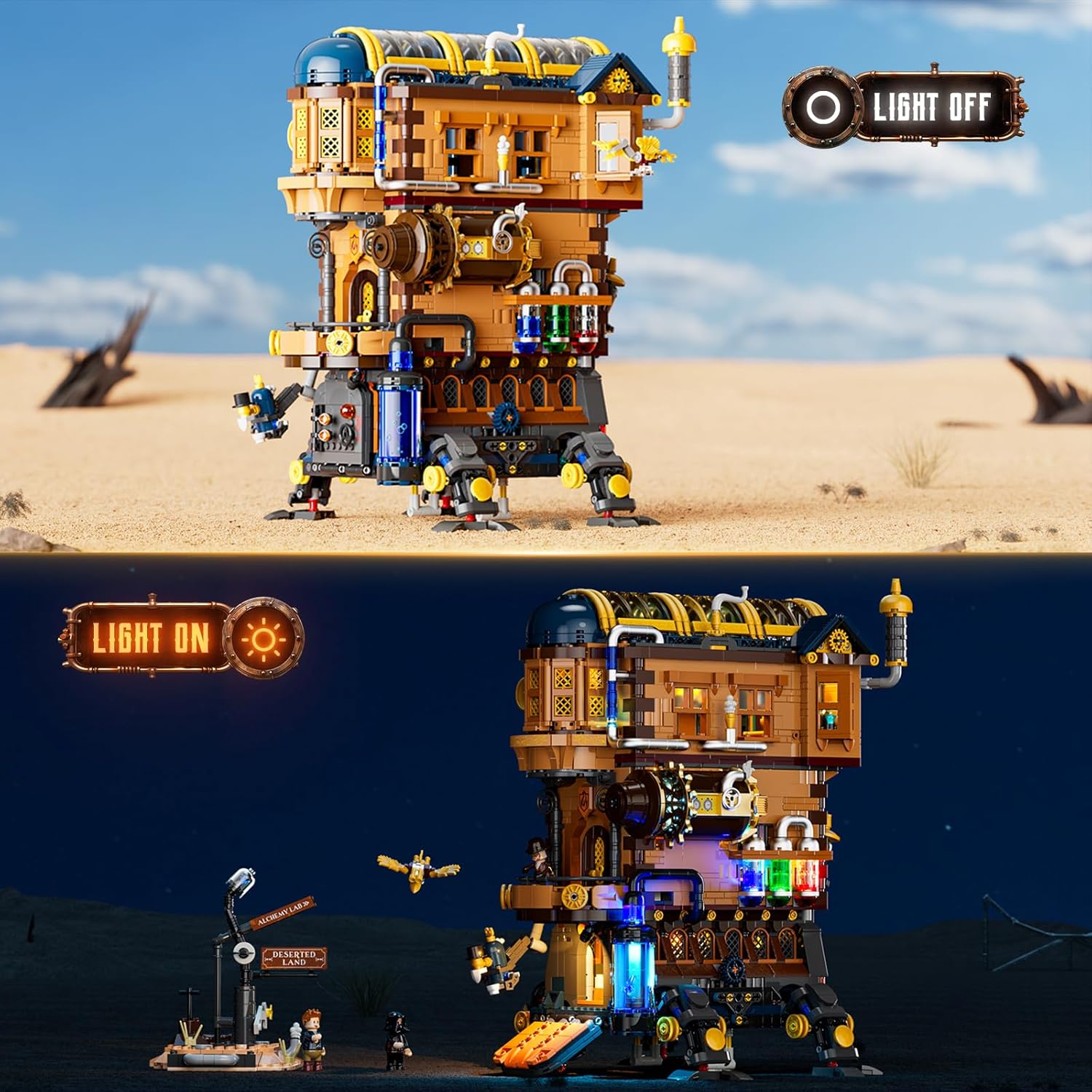 Mecha-Alchemist's Moving Castle Lighting Building-Bricks Set, 2690 Pcs Gearwerk Alchemy Lab Collection Display Set for Adults and Steampunk Lovers