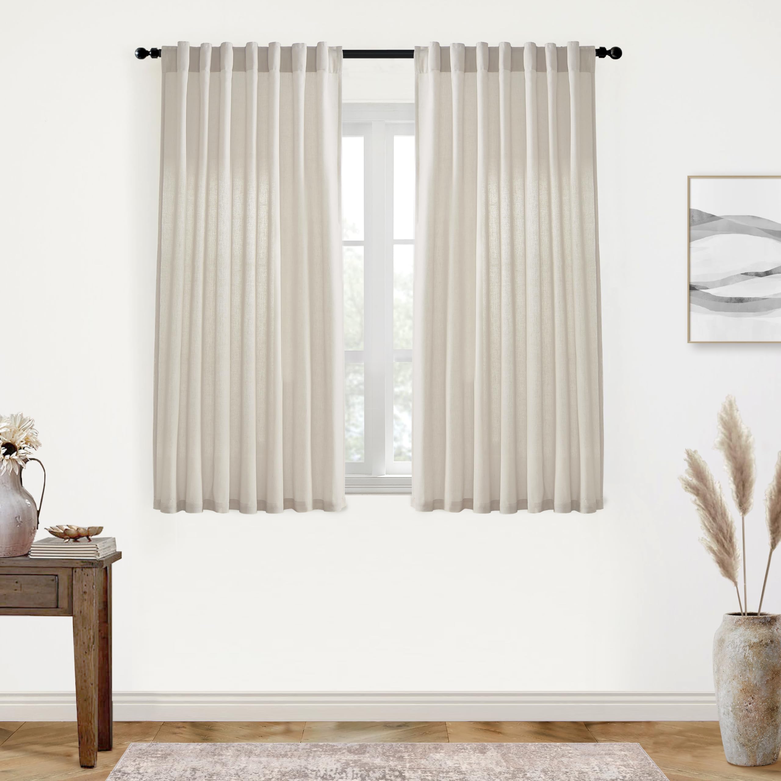 XTMYI Back Tab/Hook Belt Linen Cotton Sheer Curtains for Bedroom 2 Panels,45 Inch Length,Oatmeal Beige