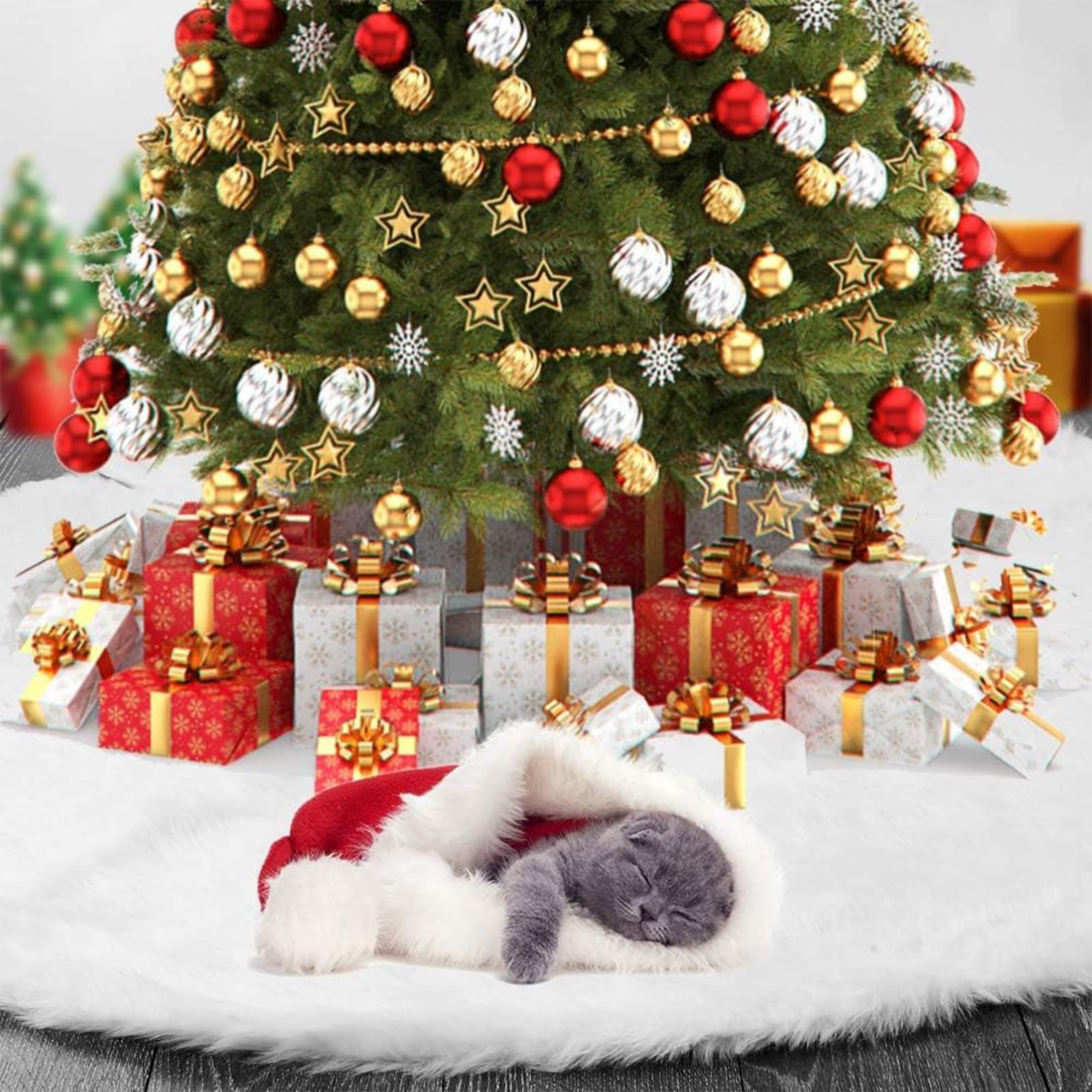 Jupe De Sapin De Noël Blanche 90 Cm – Fausse Fourrure, Double Couche, Crochet-boucle – Décoration Fêtes