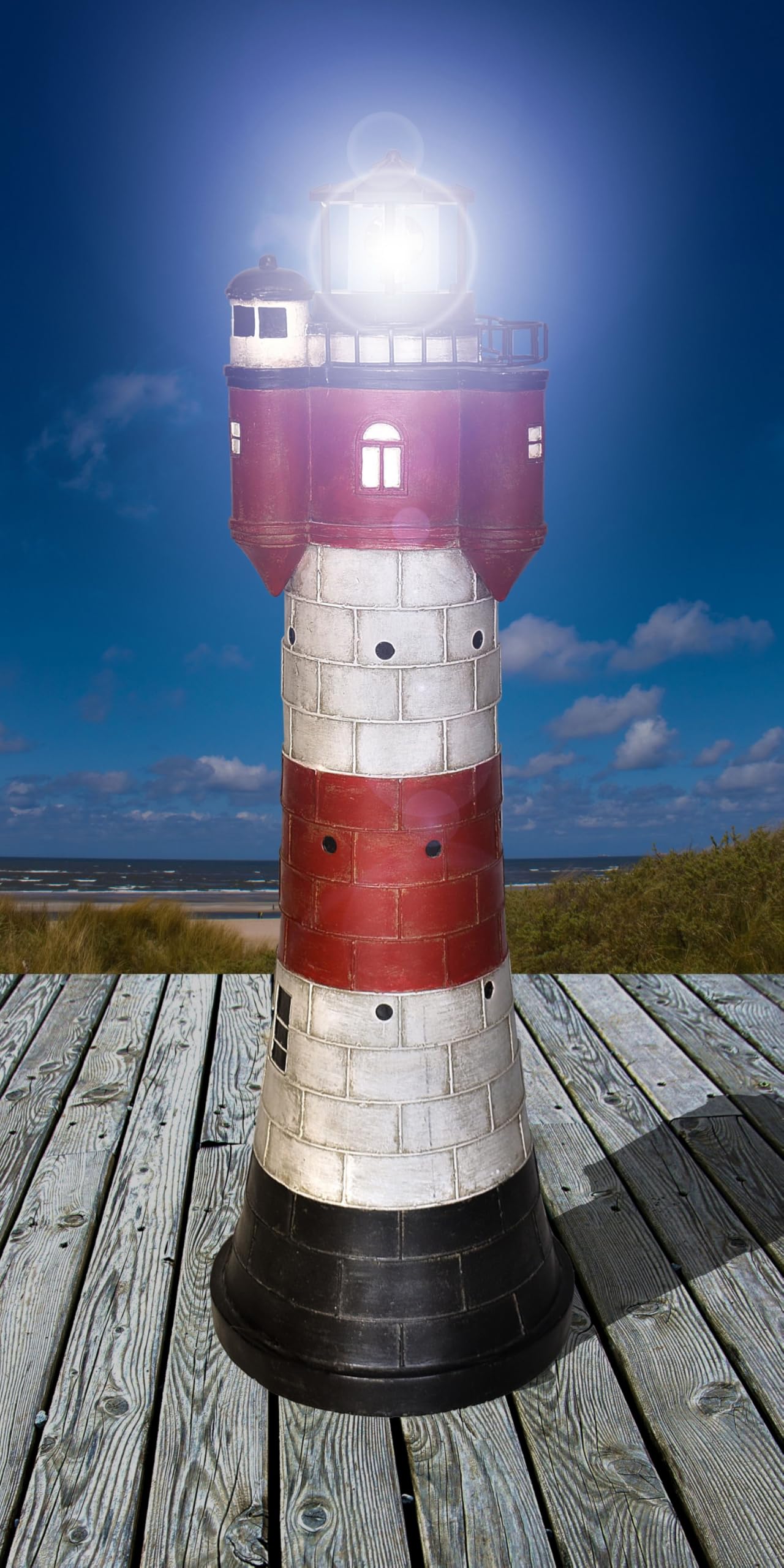 J.W. XXL Solar-Leuchtturm ROTER SAND mit Solarbeleuchtung und Dämmerungssensor Solar-Leuchte Gartendekoration