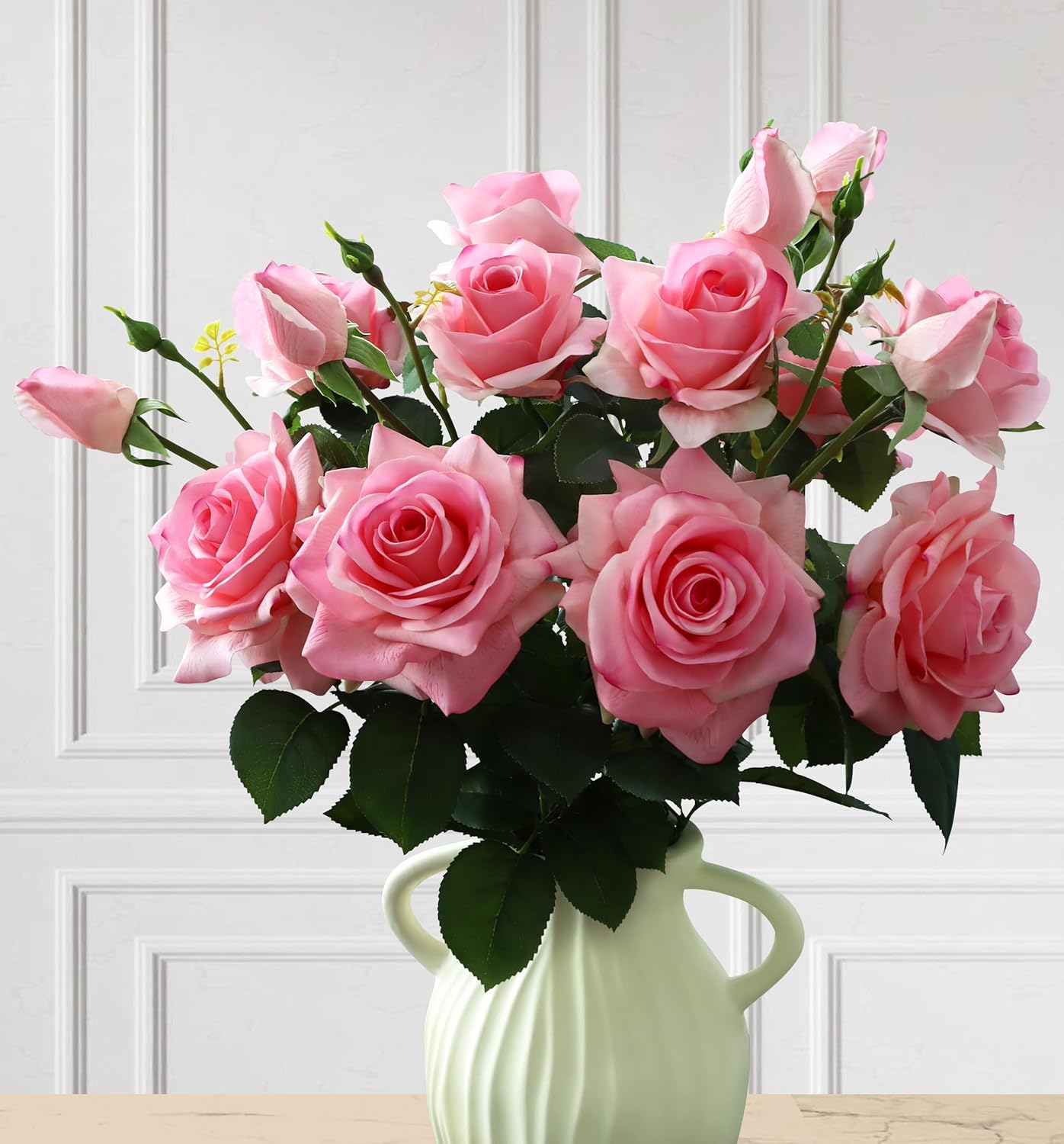 Pink Roses Artificial Flowers Indoor,Realistic Fake Flowers 5 Bouquets (15 Heads) for Living Room Decor,Real Touch Fake Plants for Bathroom Kitchen Office Wedding Table Shower Decor (No Vase)