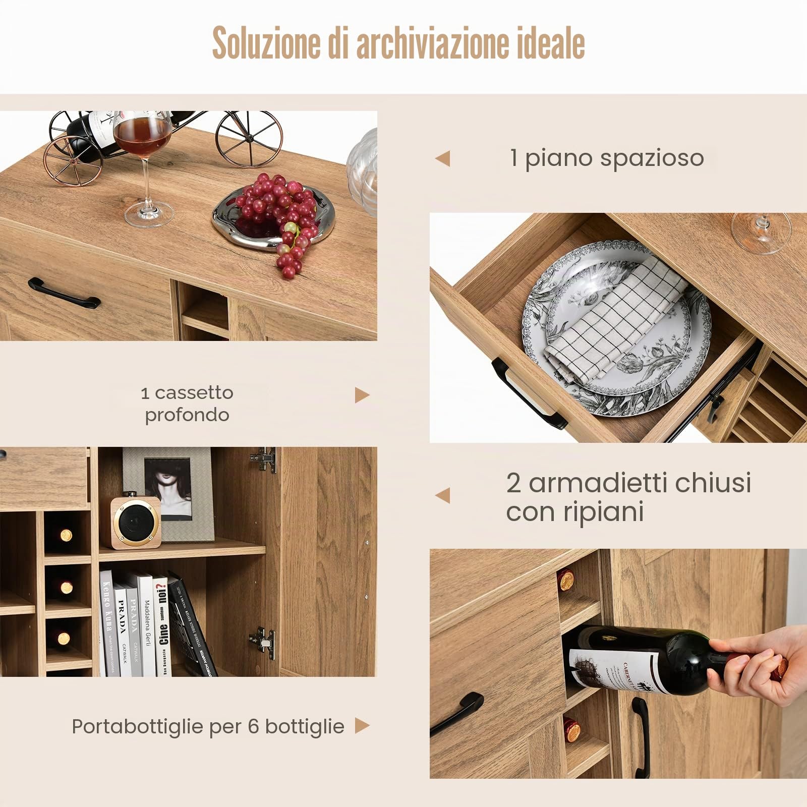 GIANTEX Credenza da Cucina con Porta Vino per 6 Bottiglie, 90 x 40 x 79 cm, Mobile da Bar con 2 Ante e 1 Cassetto, Ripiani Regolabili, per Sala da Pranzo e Soggiorno (Naturale)
