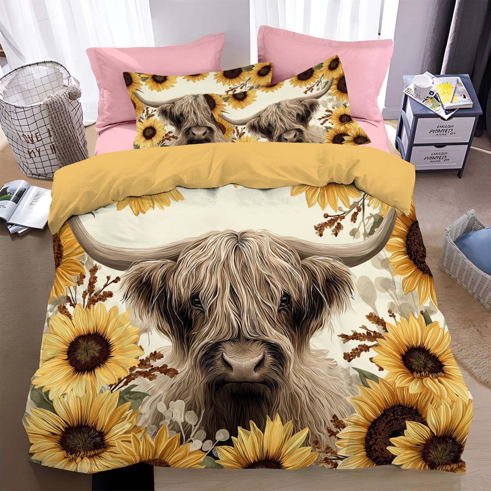Housse de couette anti-froissure 220x240 avec fermeture éclair parure de lit 3D tournesol