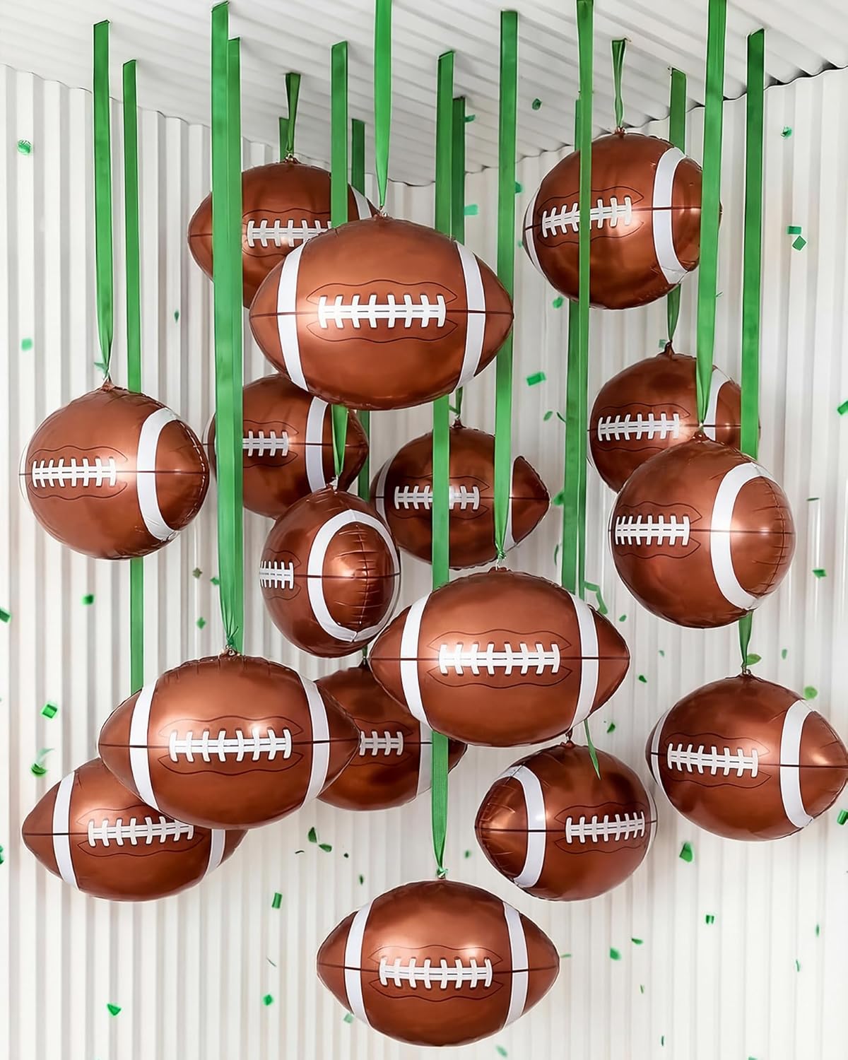 Jenaai 30 Set Football Foil Balloons Bulk 22 Inch 4d Metallic Giant Balloons Set with Ribbon for Ceiling Ornaments Birthday Party Decoration(Football, Green)