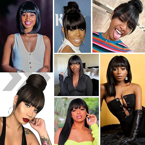 Miniatura 6 de G&T Wig Cola de caballo de cabello afroamericano con cordón y flequillo, cola de caballo corta rizada con clip, extensiones de cabello con clip para