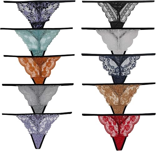 Delcroix Tangas de encaje G para mujer, diseño floral, negro, sexy, tanga, paquete de 10 unidades de encaje floral y colores surtidos