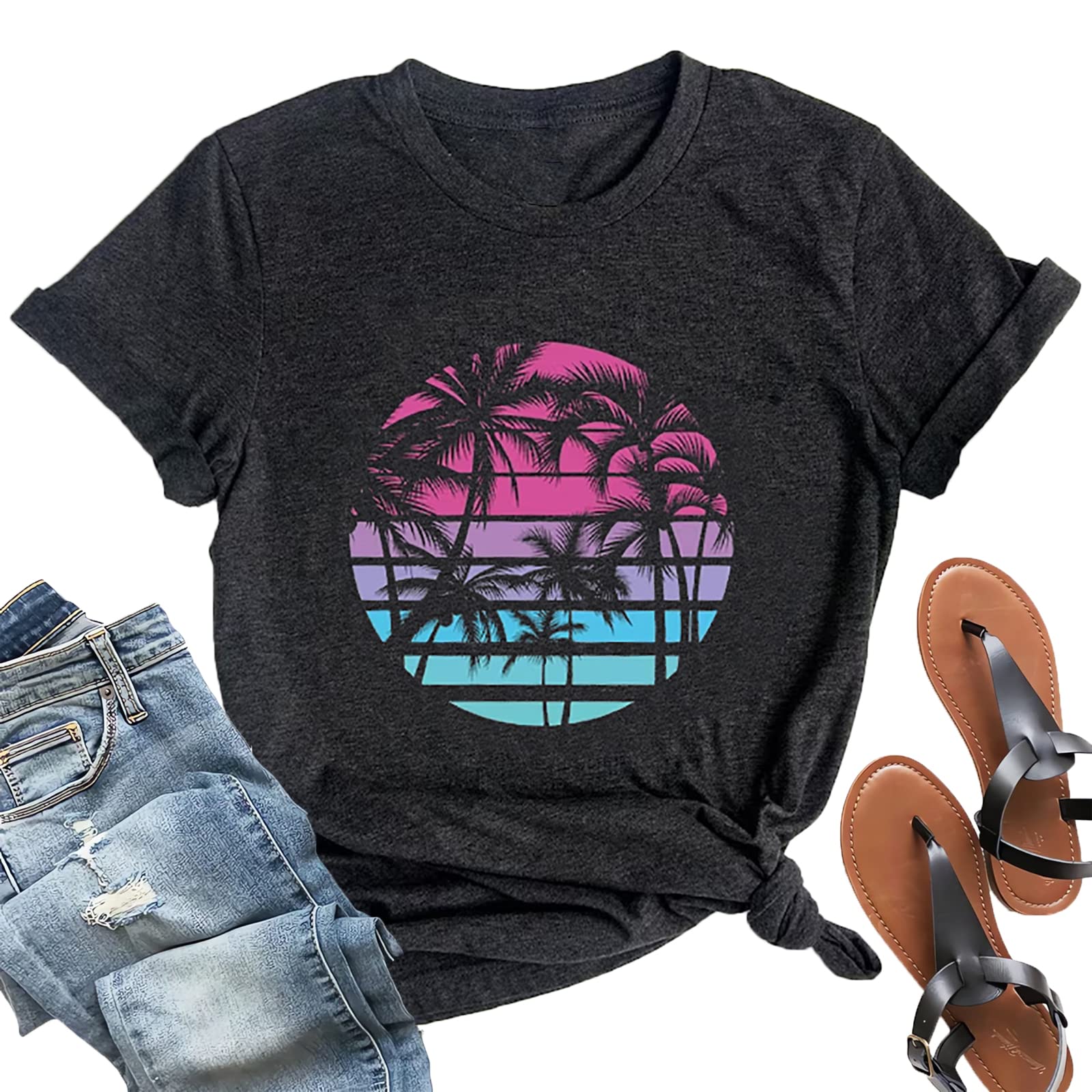 OJLPHHHawaiian Shirts for Women Palm Trees Graphic Tees Summer Beach Vacation Tops Short Sleeve Casual Tshirt