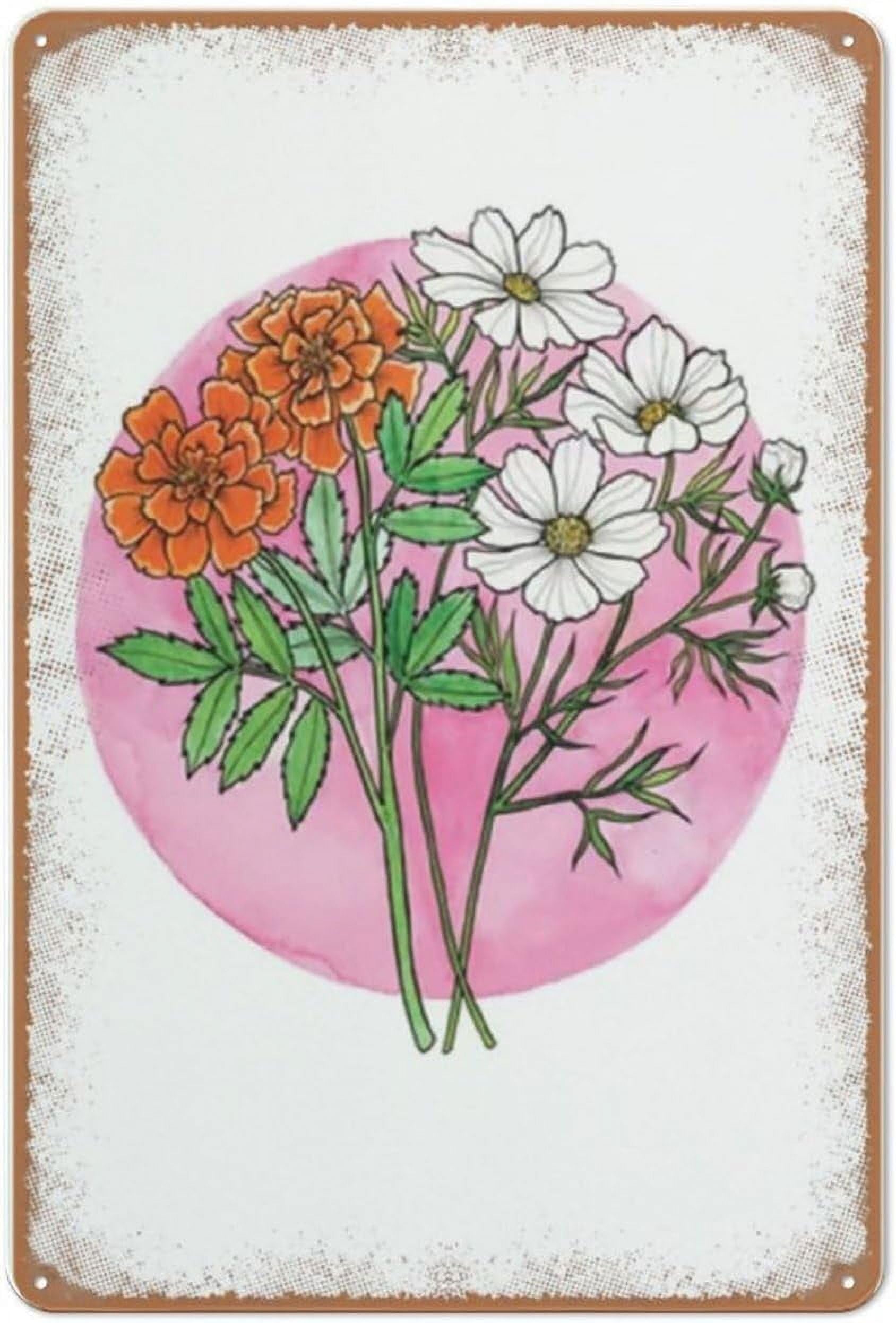 Lobes Colour-388 October Birth Flowers Print - Birthday Art - Watercolour Marigolds & Cosmos Art - Newborn Gift, Metal Tin Sign Wall Decor Man Cave Bar Home Decor Gifts For Mom,Dad And Friends 8X6 Inches