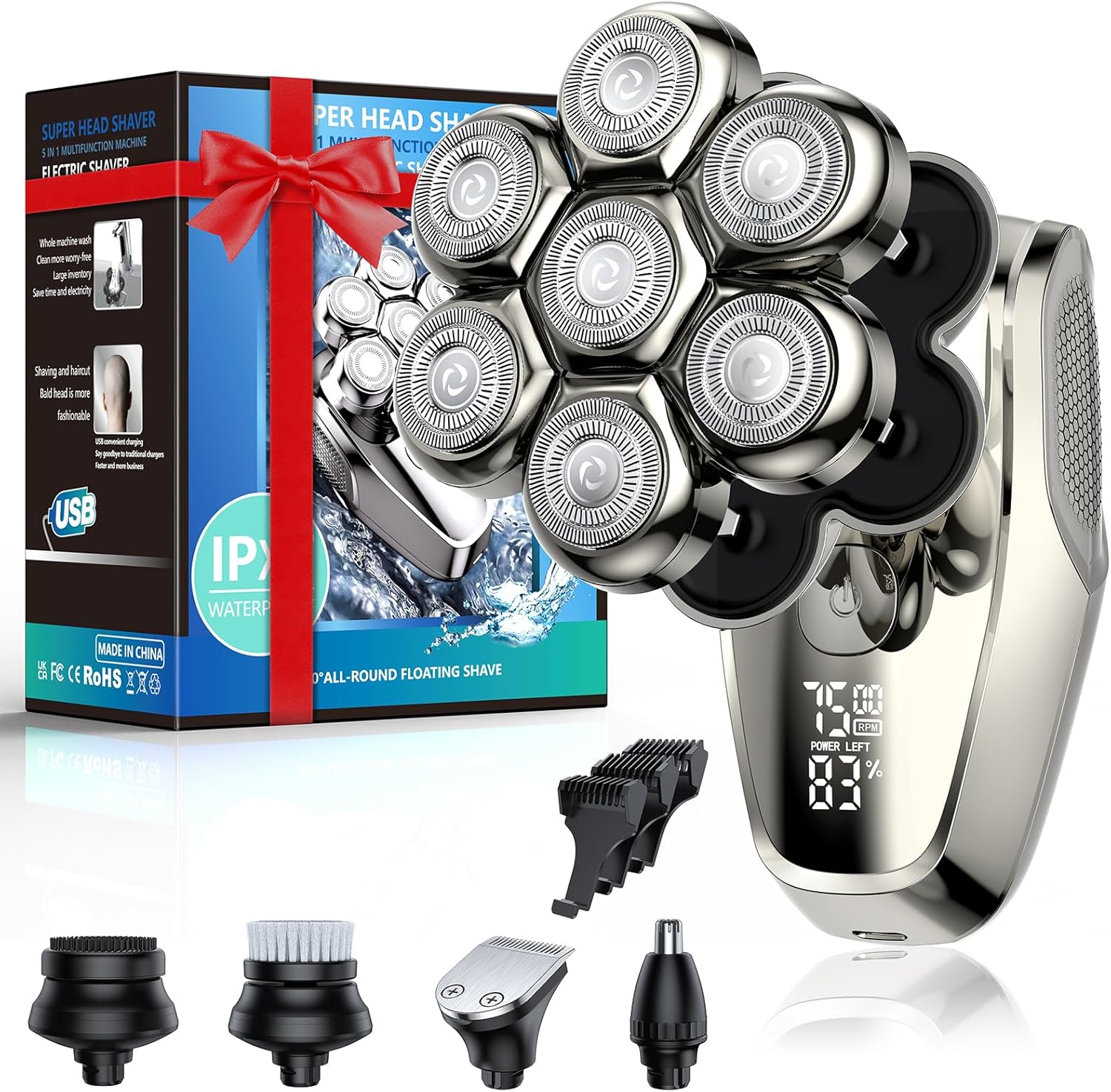 7D Head Shavers for Bald Men, Upgrade 5 in 1 Waterproof Electric Razor Men’s Grooming Kit, Detachable Wet/Dry Anti-Pinch Head Shavers for Bald Men, LED Display Type-C Charge Head Shaver 7D Head Shavers for Bald Men, Upgrade 5 in 1 Waterproof Electric Razor Men’s Grooming Kit, Detachable Wet/Dry Anti-Pinch Head Shavers for Bald Men, LED Display Type-C Charge Head Shaver