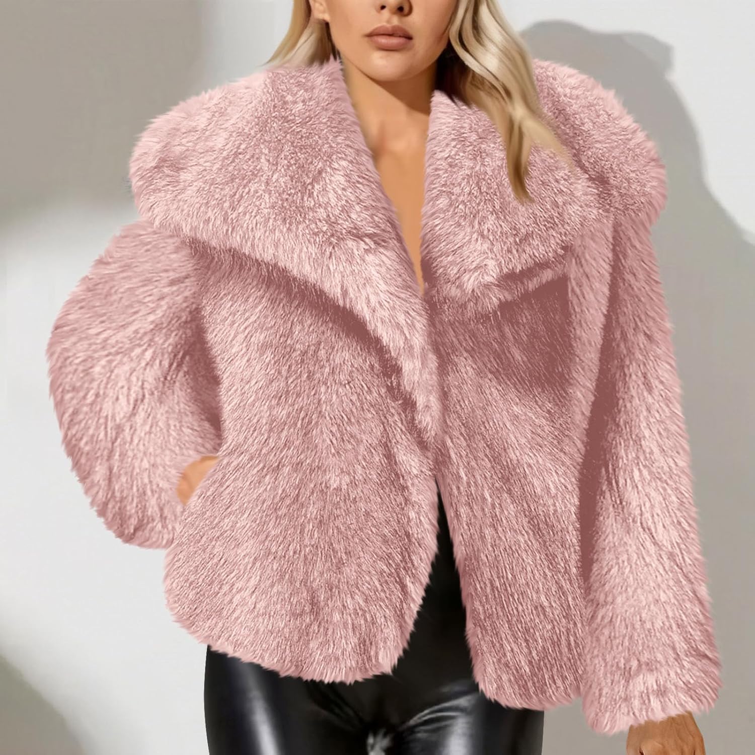 Womens Faux Fur Coat Fluffy Button Faux Fur Jacket Long Sleeve Lapel Cardigan Winter Jackets Shaggy Parka Short Coats