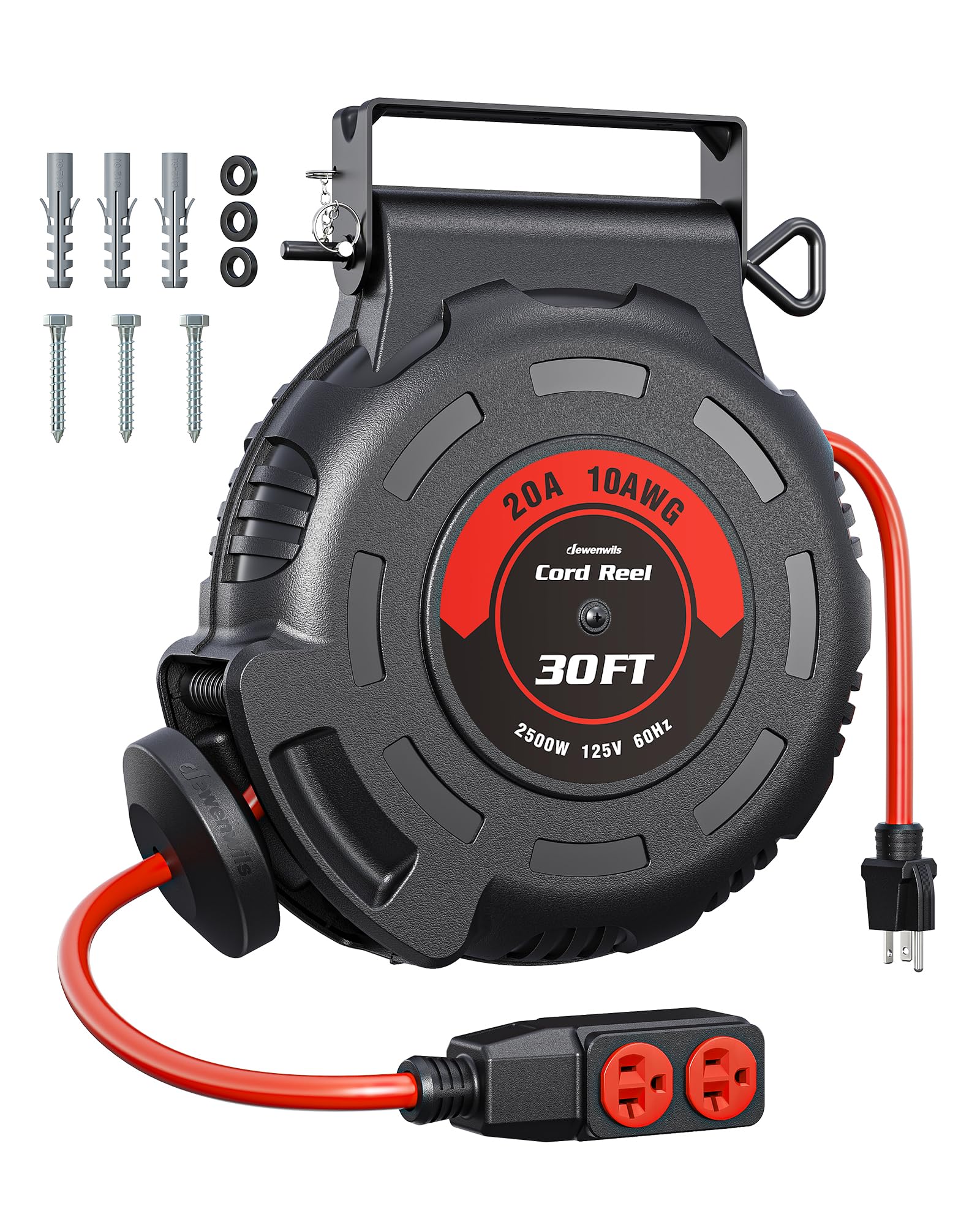 DEWENWILS Retractable Extension Cord Reel, 30FT, 20A, 10/3C AWG, Red