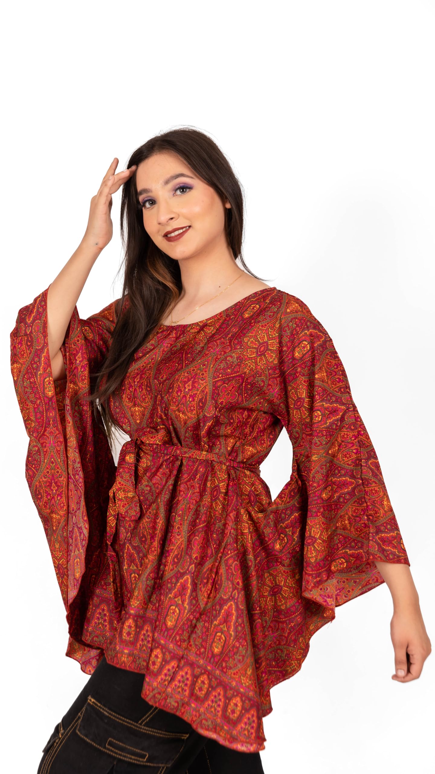SALONI COUTURE Women Boho Casual with Sleeves Round Neck Printed Polyester Short Kaftan (Freesize)-image-33