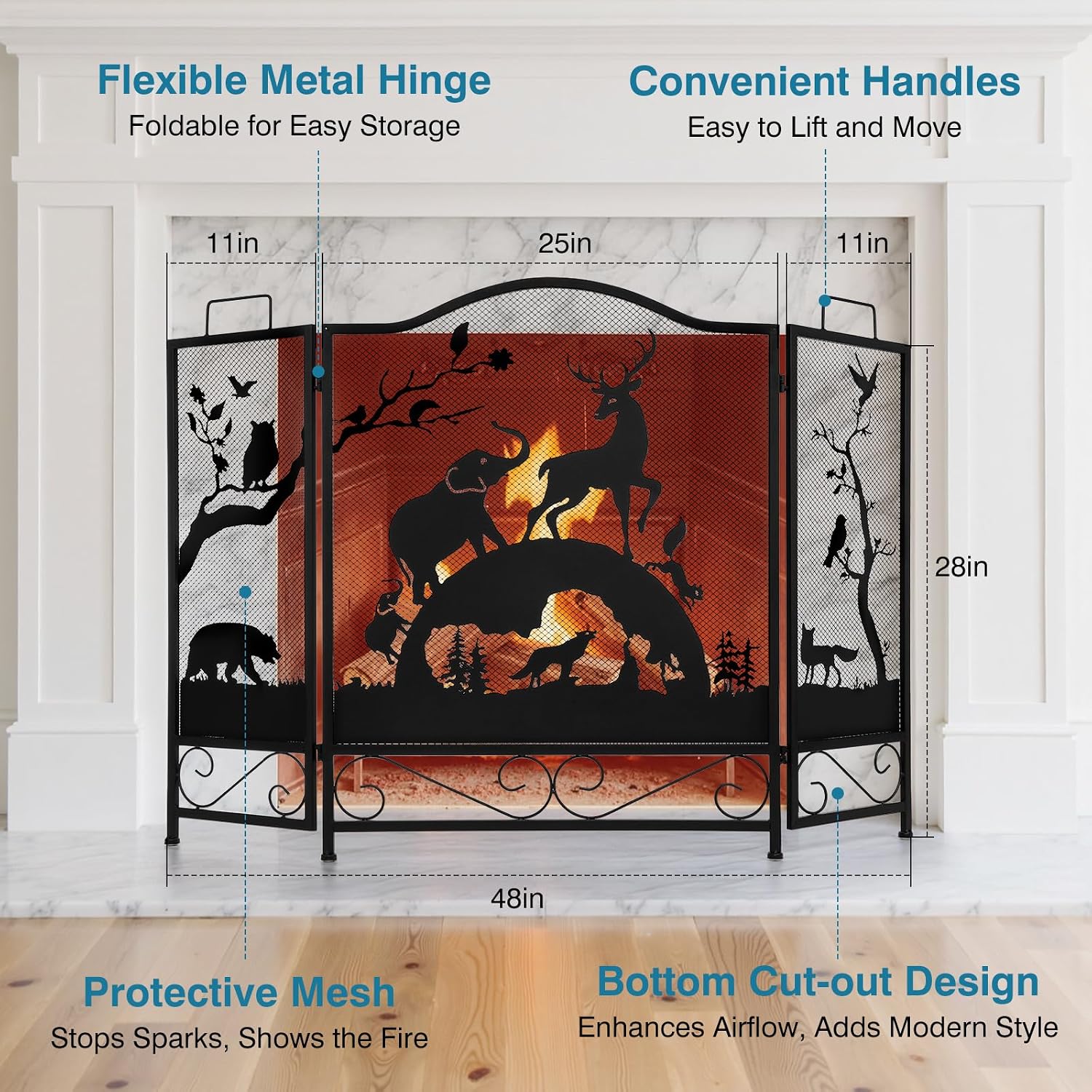 IRONWALLS 3 Panel Fireplace Screens Decorative, 48"(L) x 32"(H) Wrought Iron Fire Place Spark Guard Cover with Animal Pattern, Black Metal Mesh Fireplace Screen Stand Alone for Living Room, Bedroom