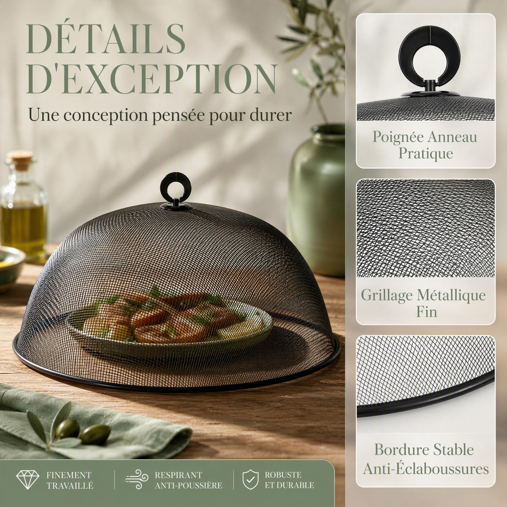 Toyvian - Campana de comida de metal redonda (40 Cm, tapa de malla metálica negra, protección antiinsectos, reutilizable, cocina y comidas al aire libre, tapa de plato versátil