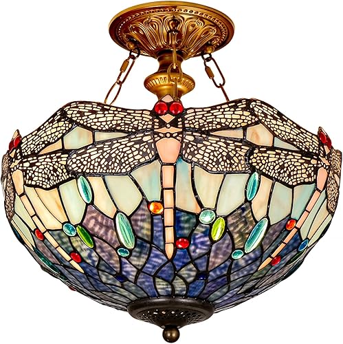 Miniatura 11 de Lámpara de techo Tiffany con vidrieras verdes de glicinia, montaje semi empotrado, lámpara amplia de 16 pulgadas de ancho y 15 pulgadas de altura,