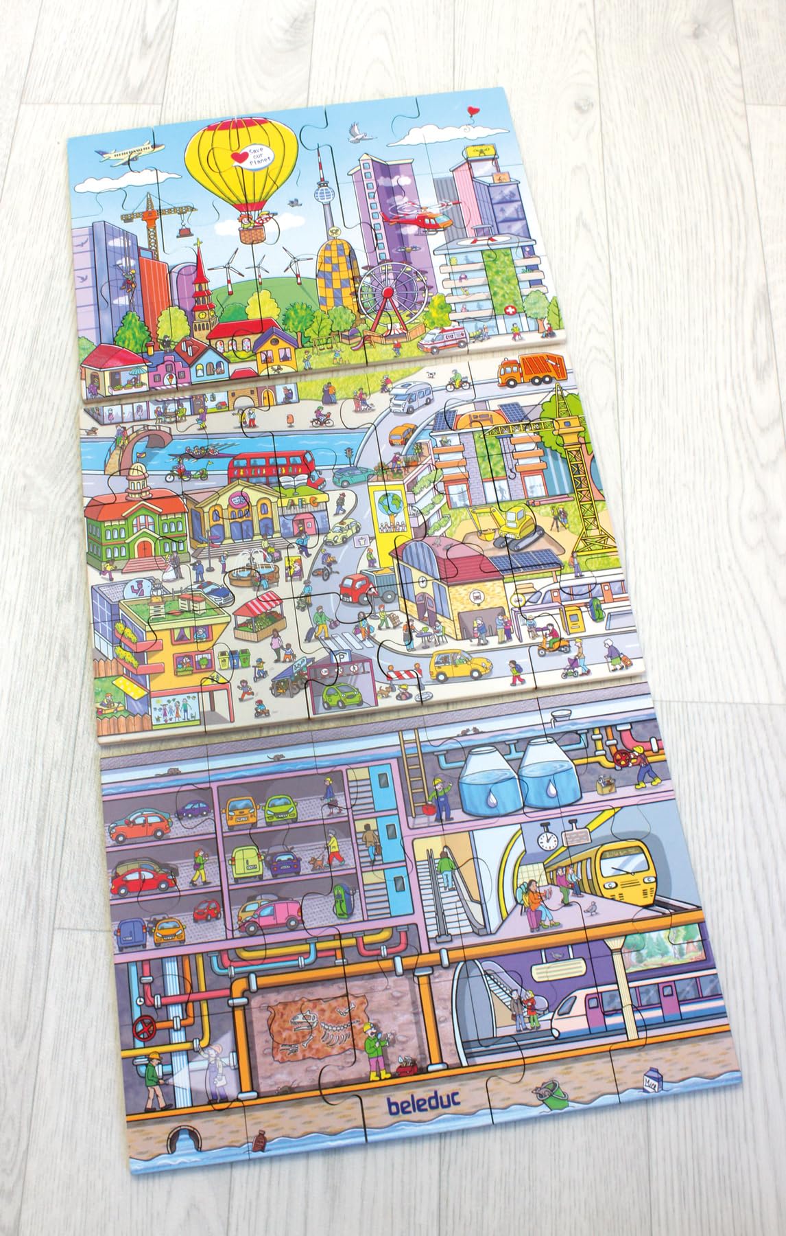 Beleduc Bodenpuzzle Stadtleben XL – 45 Teile – Großes Kinderpuzzle ab 3 Jahren – Stadt und Verkehr Lernpuzzle – 92 x 92 cm – 3 Puzzle Werden zu 1 XL Puzzle - Wimmelbild
