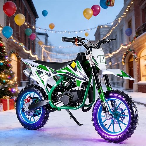 50cc 2-Stroke Gas Dirt Bike for Kids & Adults - 40KM/H Max Speed, Front/Rear Disc Brakes, 12" Off-Road Tires, 150kg Capacity - Mini Motocross Bike for Trail & Uphill from USA Fast Arrival(Green)