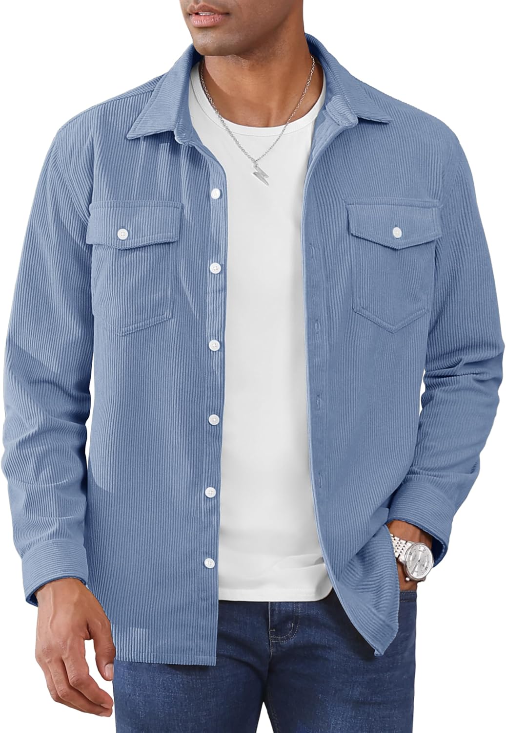 Cotrasen Men's Corduroy Shirt Jacket Button Down Long Sleeve Ribbed Shacket Lightweight Overshirt with Flap Pockets