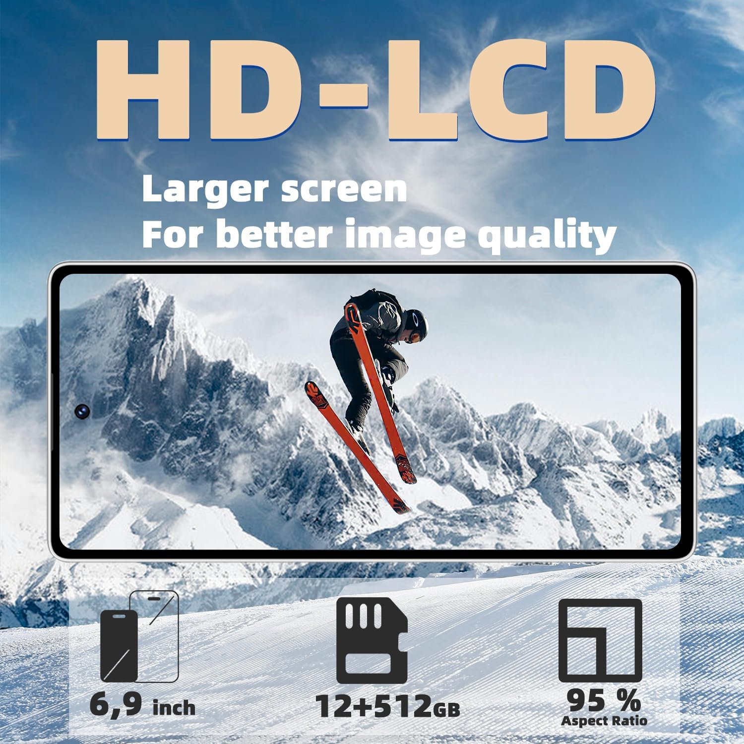 12+512GB Unlocked Android Smartphone 6.9" HD Display, 4500 mAh Battery, 21+8 MP Dual Camera, Dual-SIM, Face ID & OTG – No Contract