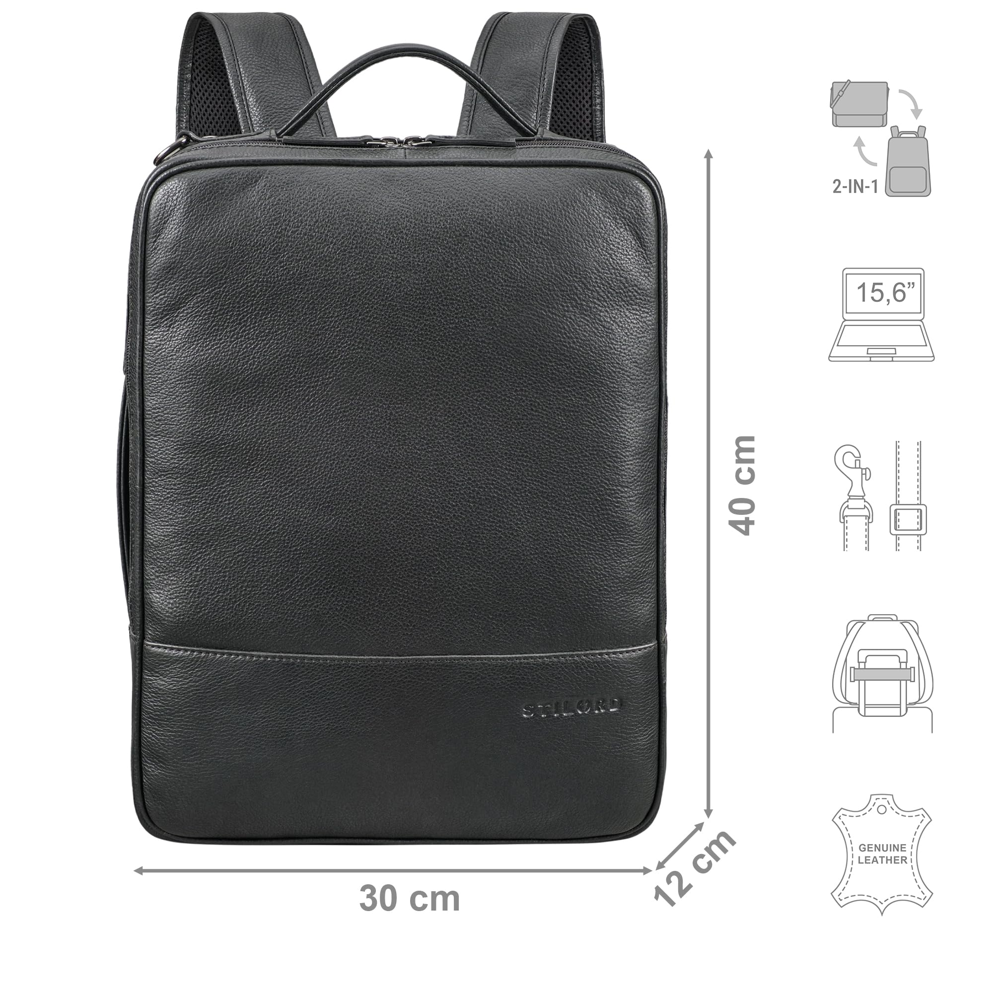 STILORD Dash Praktischer 2 in 1 Rucksack Leder XL Laptoptasche 15-16 Unisex Multifunktionstasche Umwandelbar Echtleder Aktentasche Business Anti Diebstahl Umhängetasche Farbe:Obsidian schwarz