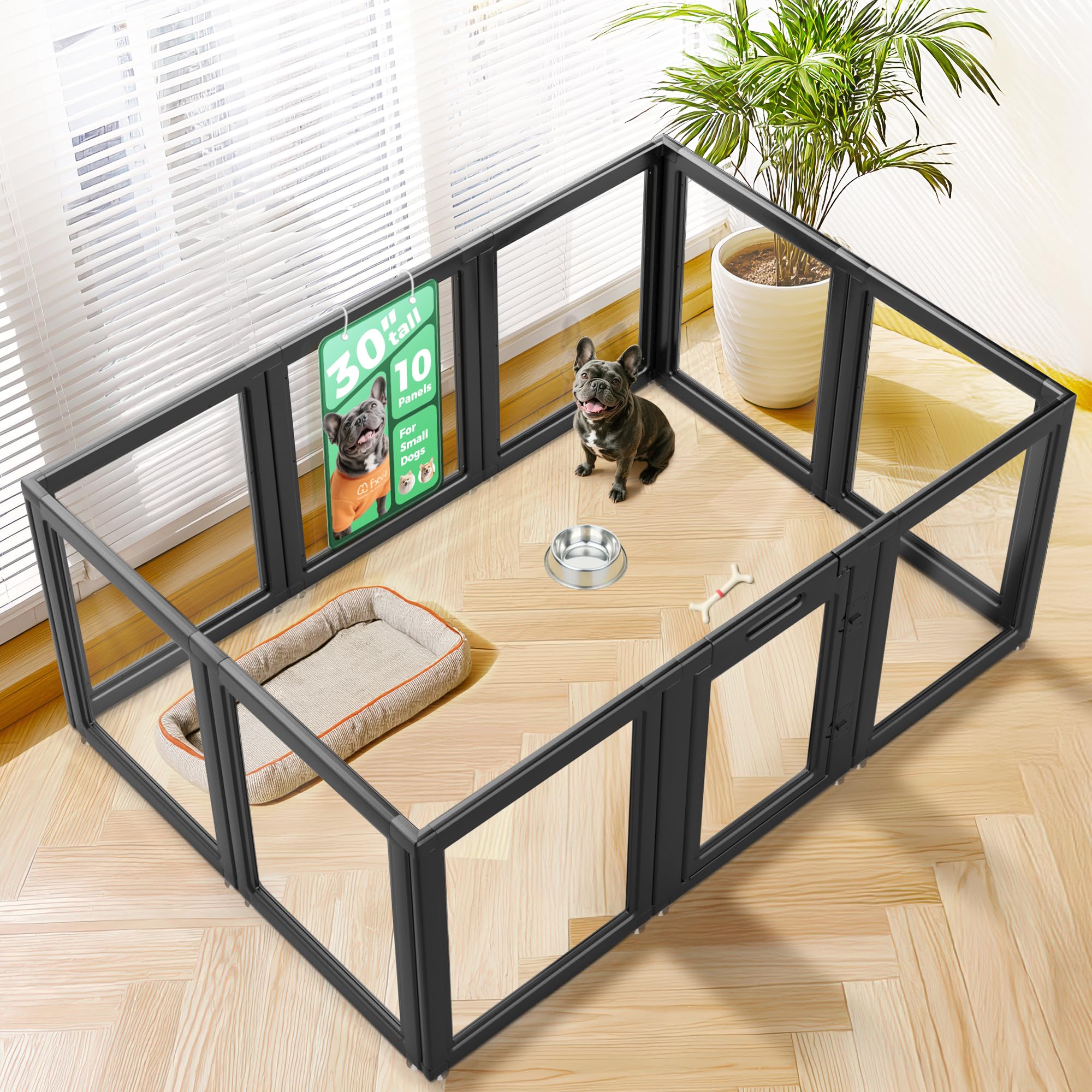FXW AuraSpace Clear Acrylic Indoor Dog Playpen, 30" H, 10 Panels, Black