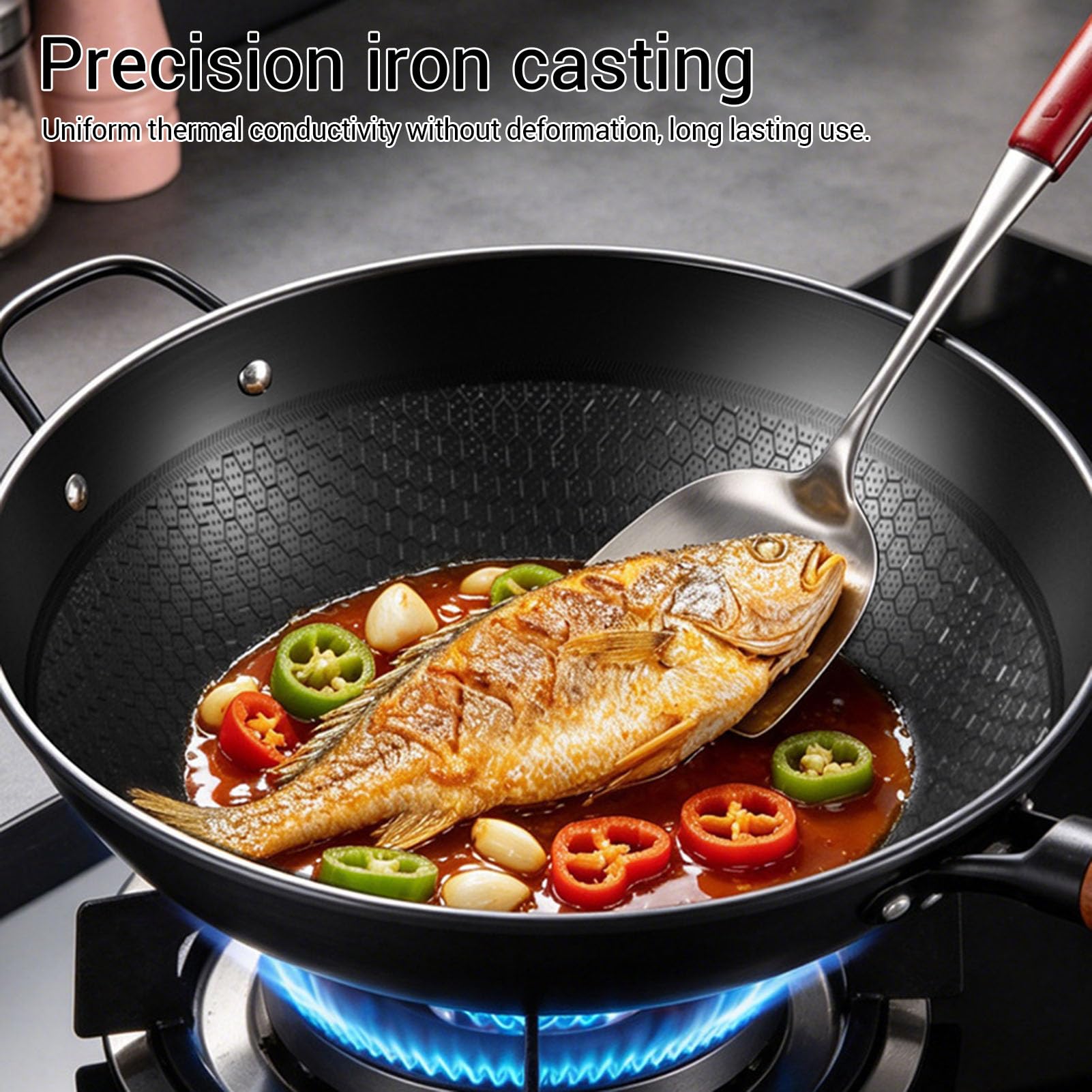 Luocute Wok in Ghisa con Superficie Strutturata a Nido D'ape, 32 Cm