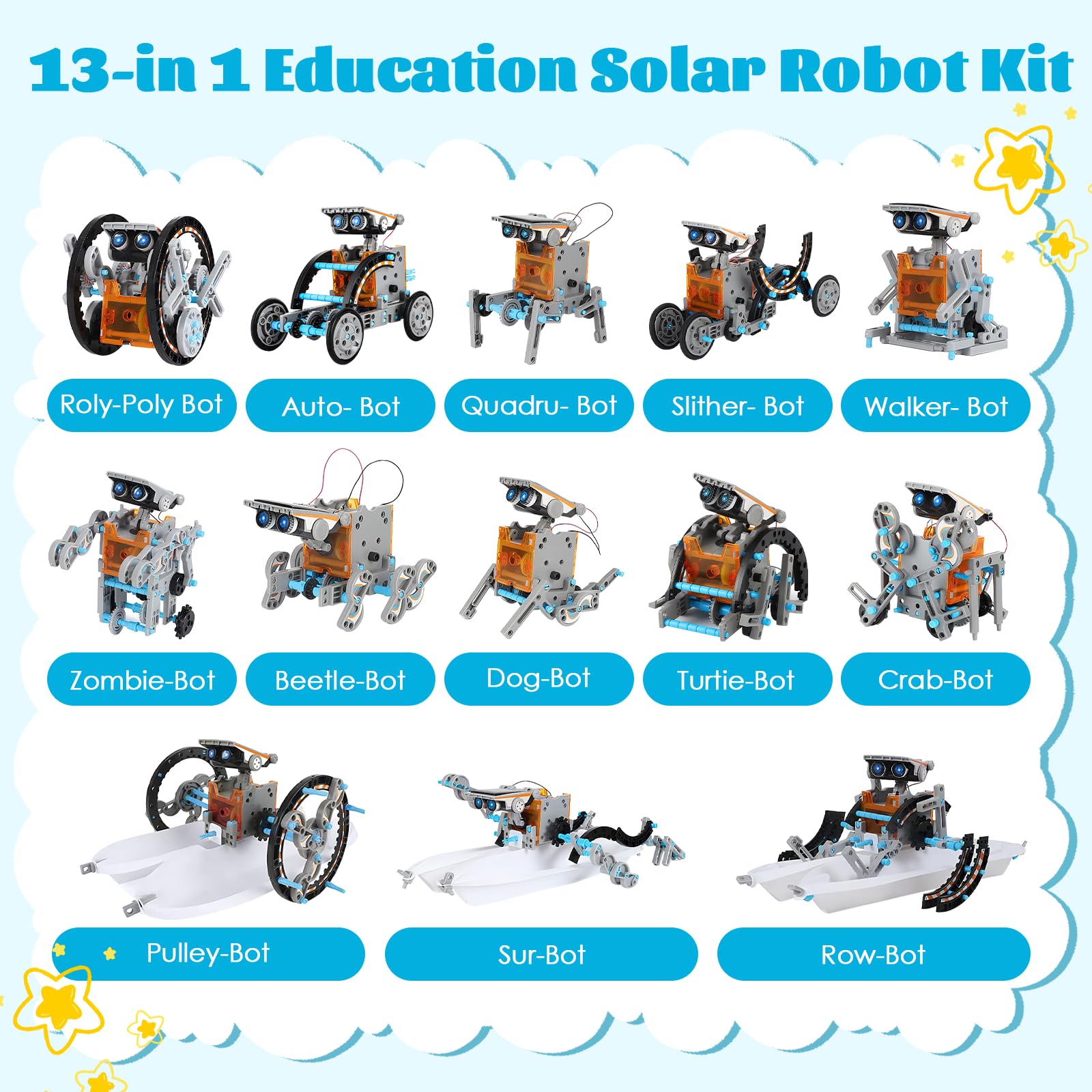13 in 1 giocattolo solare robot giocattolo educativo STEM con 190 pezzi per bambini ragazzi ragazze a partire da 8+ anni, giocattolo creativo da costruzione per scienza e tecnologia