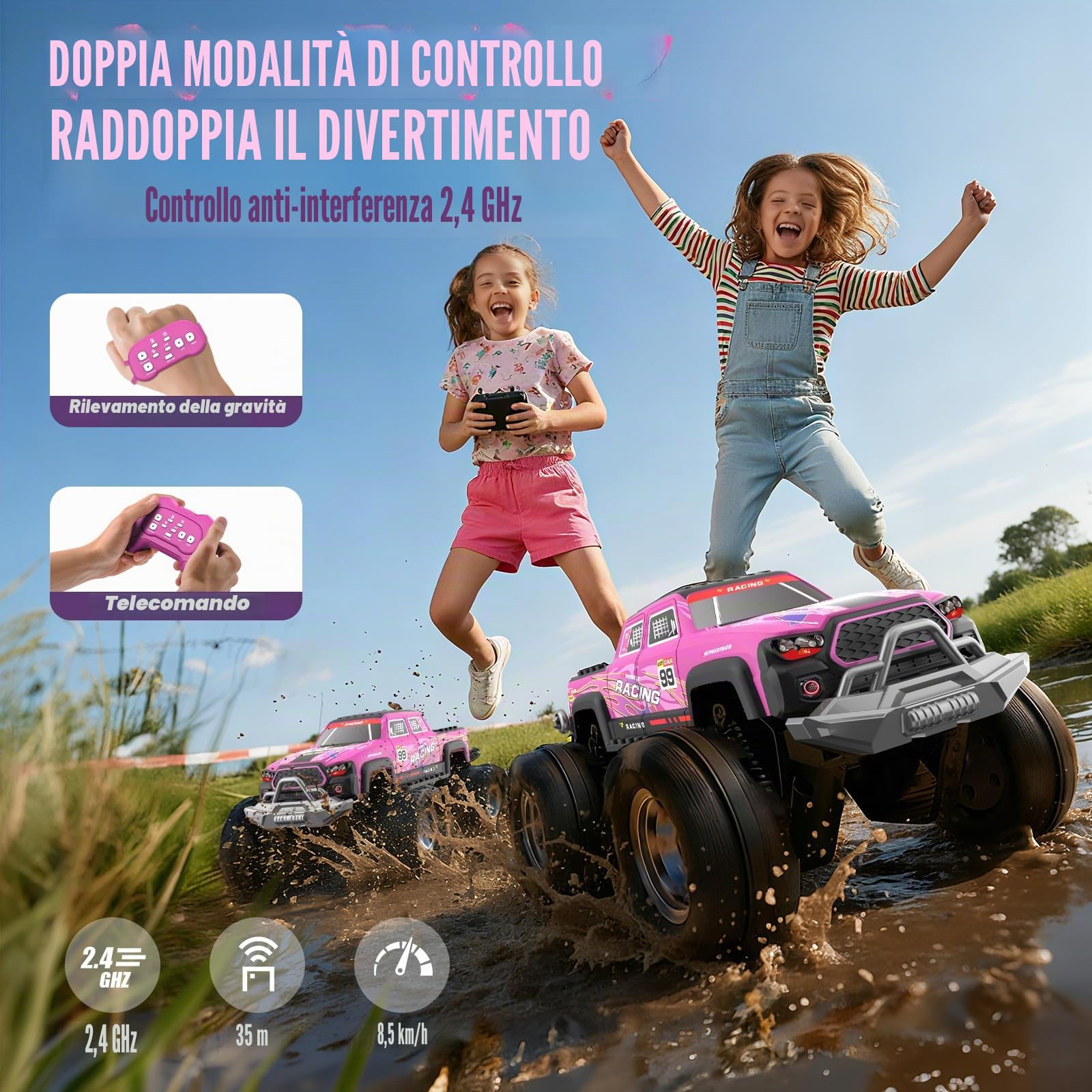 Macchina Telecomandata Anfibio, 2,4 GHZ 1:18 Monster Truck Telecomandato con Sensore Gestuale, 4WD 8,5 KM/H Macchina Radiocomandata con Luce LED e 2 Batterie Auto RC Regali per Ragazzi Ragazze