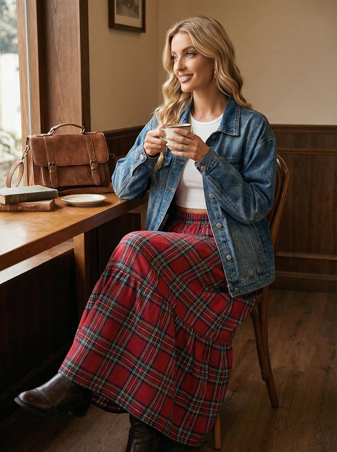 CUPSHE Womens Maxi Skirts Tartan Ruffled Skirt Plaid Holiday Christmas High-Rise Waist Xmas Long Skirt - Image 4